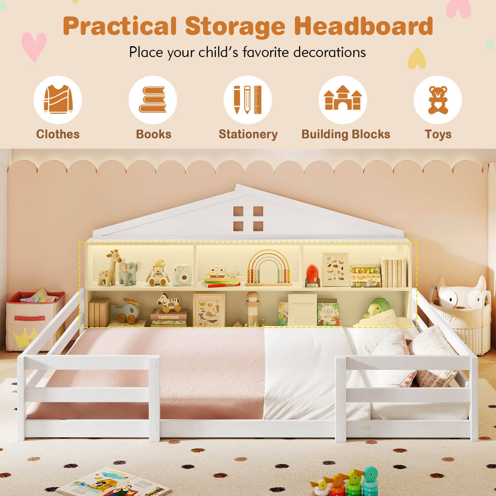 Practical Storage Headboard  
Place your child's favorite decorations  

Clothes  
Books  
Stationery  
Building Blocks  
Toys