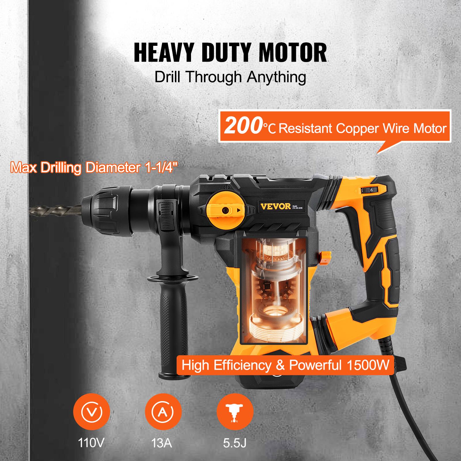 HEAVY DUTY MOTOR  
Drill Through Anything  

200°C Resistant Copper Wire Motor  

Max Drilling Diameter 1-1/4"  

High Efficiency & Powerful 1500W  

110V  
13A  
5.5J