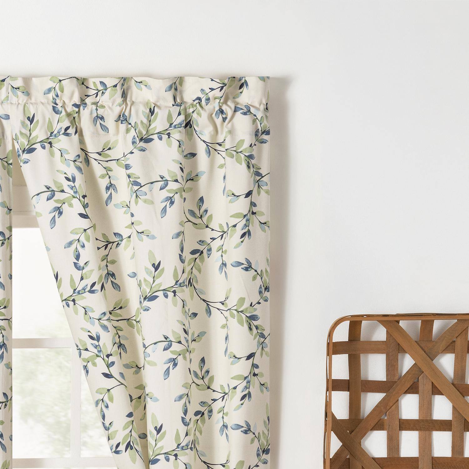 Left. Ellis Curtain - Ellis Vintage Stylish  Scale Printed Vine Pattern 1.5" Rod Pocket Tailored Pair for Windows with Ties 56"x84" Azure - Azure.