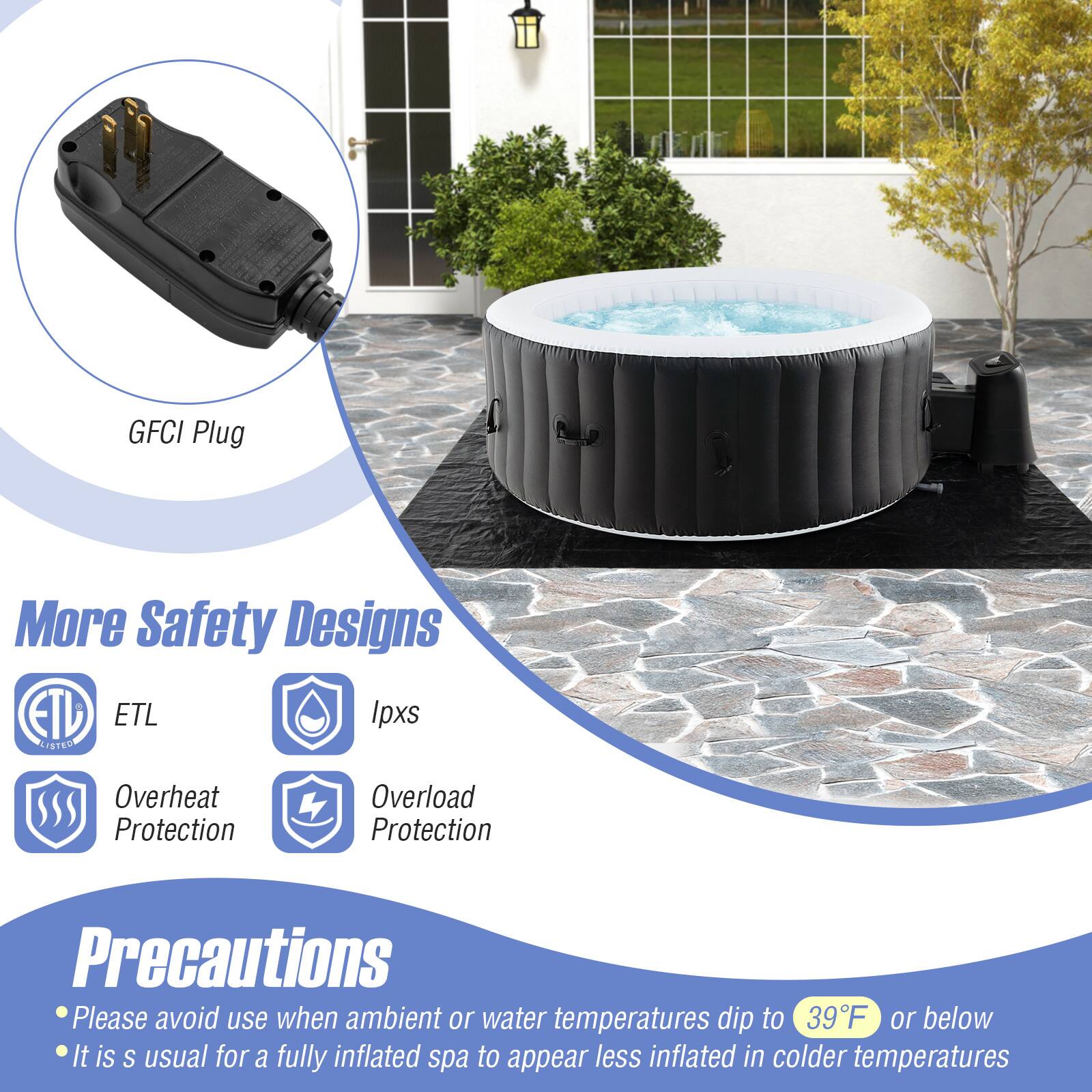 GFCI Plug

More Safety Designs
- ETL
- IPxs
- Overheat Protection
- Overload Protection

Precautions
- Please avoid use when ambient or water temperatures dip to 39°F or below
- It is usual for a fully inflated spa to appear less inflated in colder temperatures
