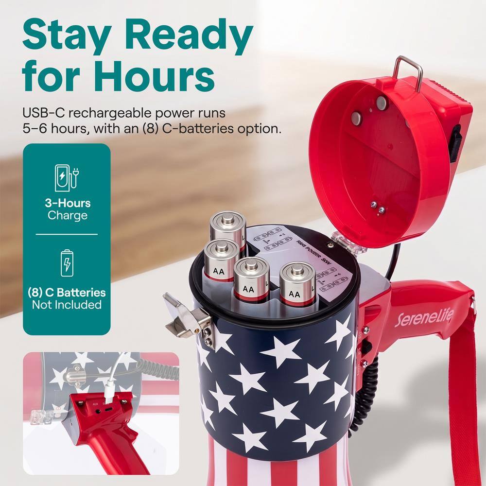 Stay Ready for Hours  
USB-C rechargeable power runs 5-6 hours, with an (8) C-batteries option.  
3-Hours Charge  
(8) C Batteries Not Included  
AA  
AA  
AA  
Serenelite