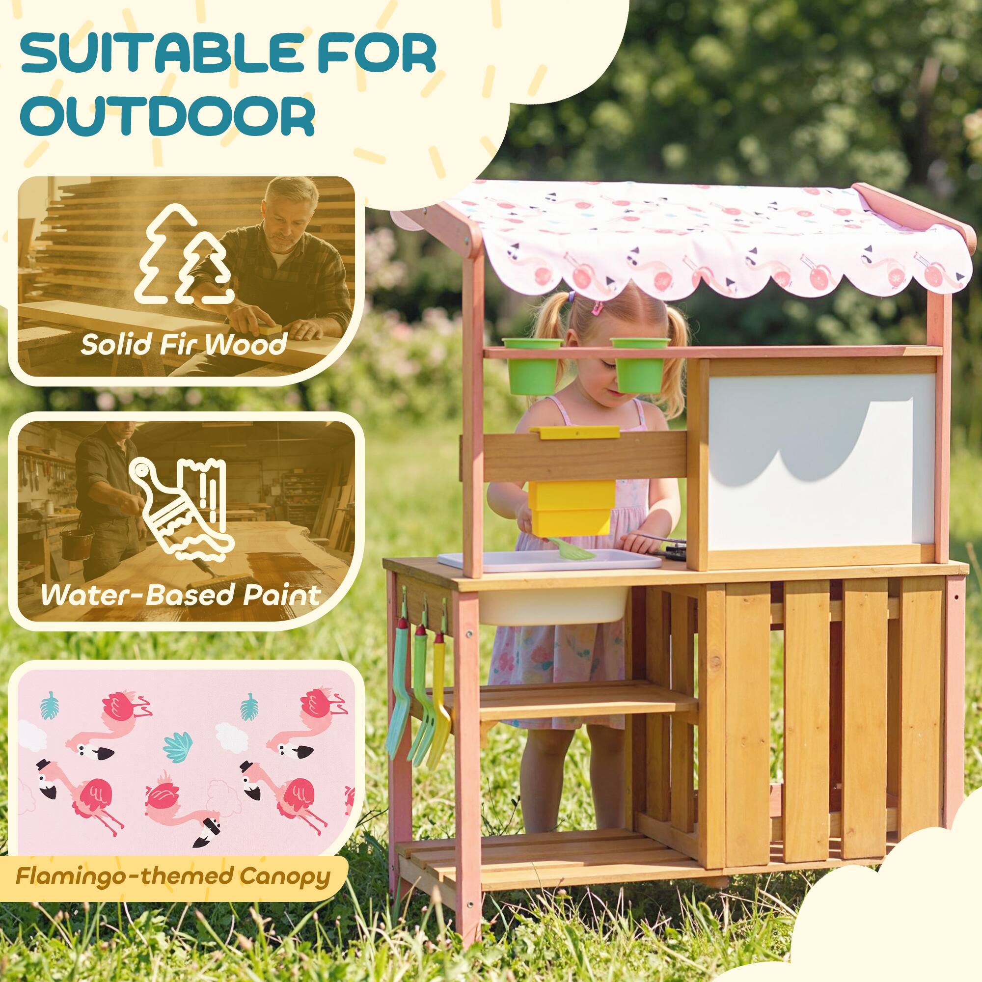 SUITABLE FOR OUTDOOR  
Solid Fir Wood  
Water-Based Paint  
Flamingo-themed Canopy