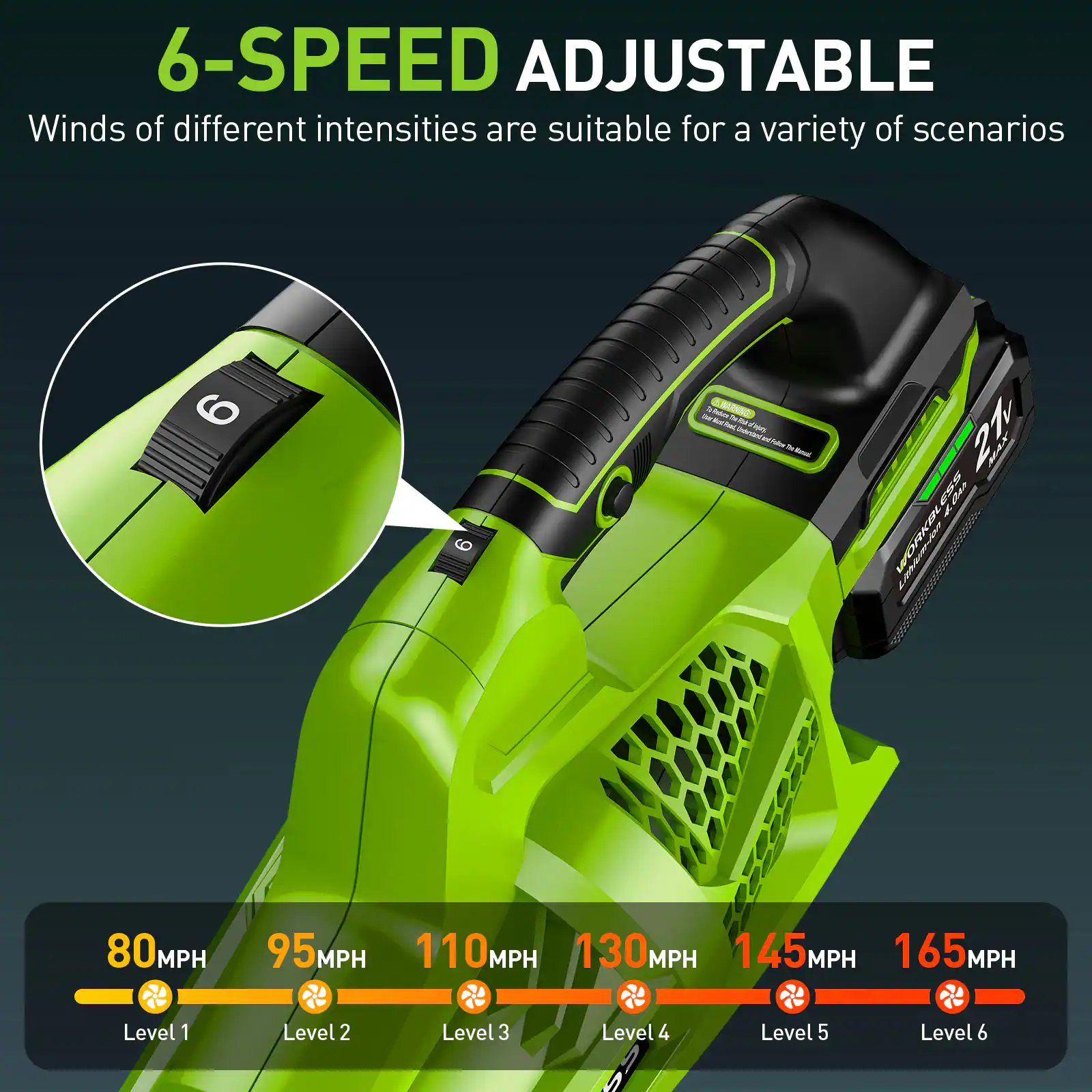 6-SPEED ADJUSTABLE  
Winds of different intensities are suitable for a variety of scenarios  

80 MPH  
95 MPH  
110 MPH  
130 MPH  
145 MPH  
165 MPH  

Level 1  
Level 2  
Level 3  
Level 4  
Level 5  
Level 6
