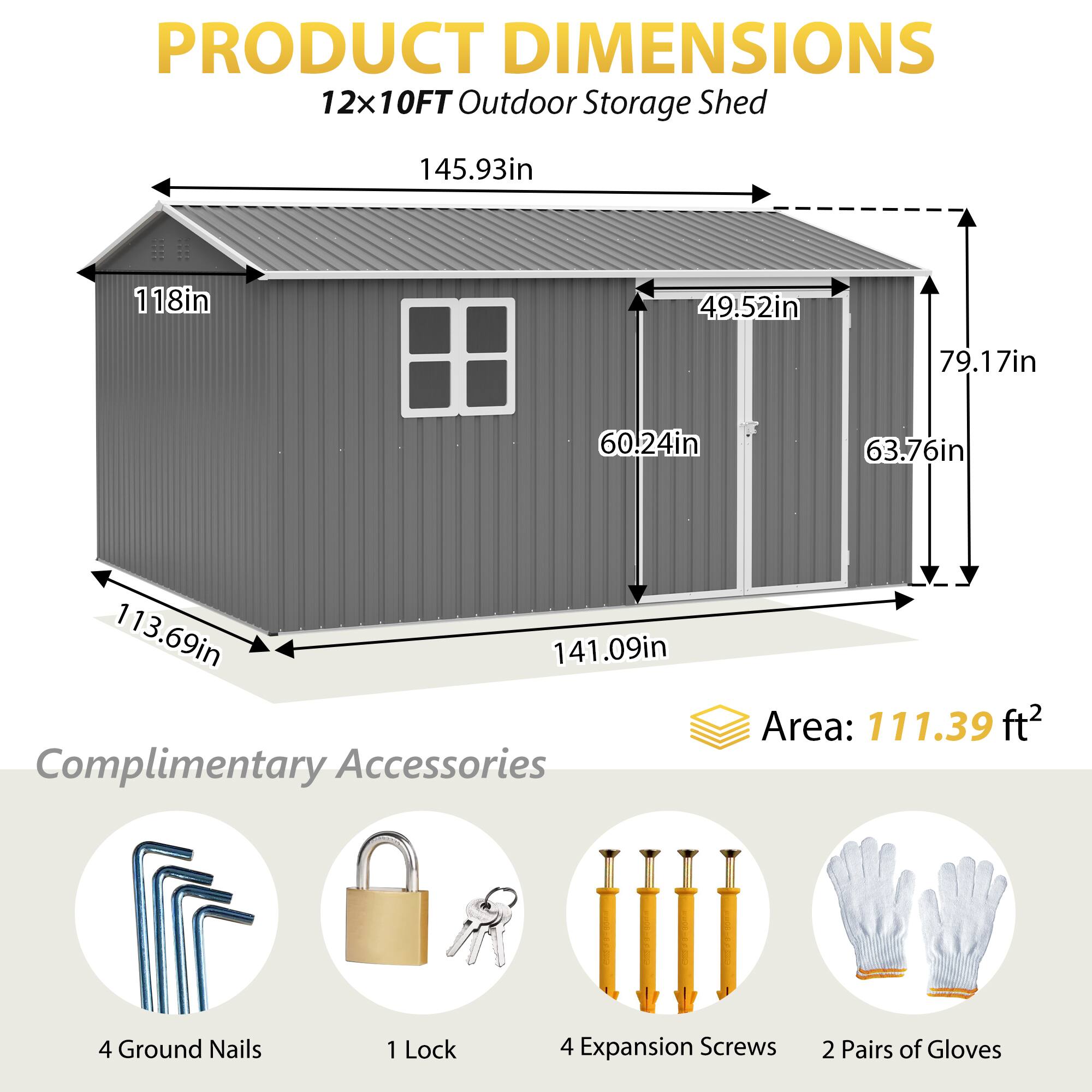Alt View 5. Lirago - 12x10 FT Outdoor Storage Shed All-Weather Metal Shed with Lockable Doors - Gray.