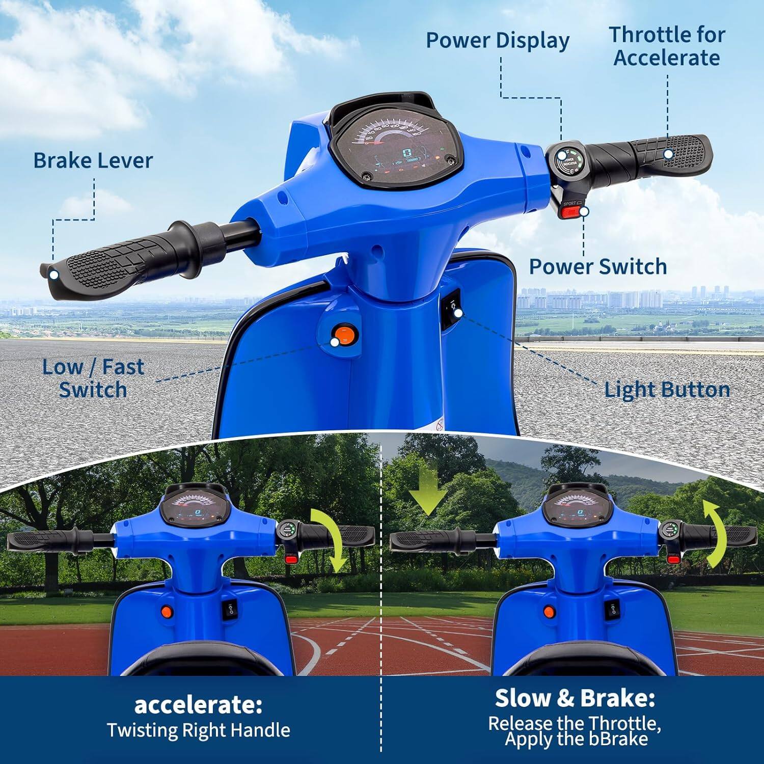 - Power Display
- Throttle for Accelerate
- Brake Lever
- Low / Fast Switch
- Power Switch
- Light Button

- accelerate: Twisting Right Handle
- Slow & Brake: Release the Throttle, Apply the bBrake