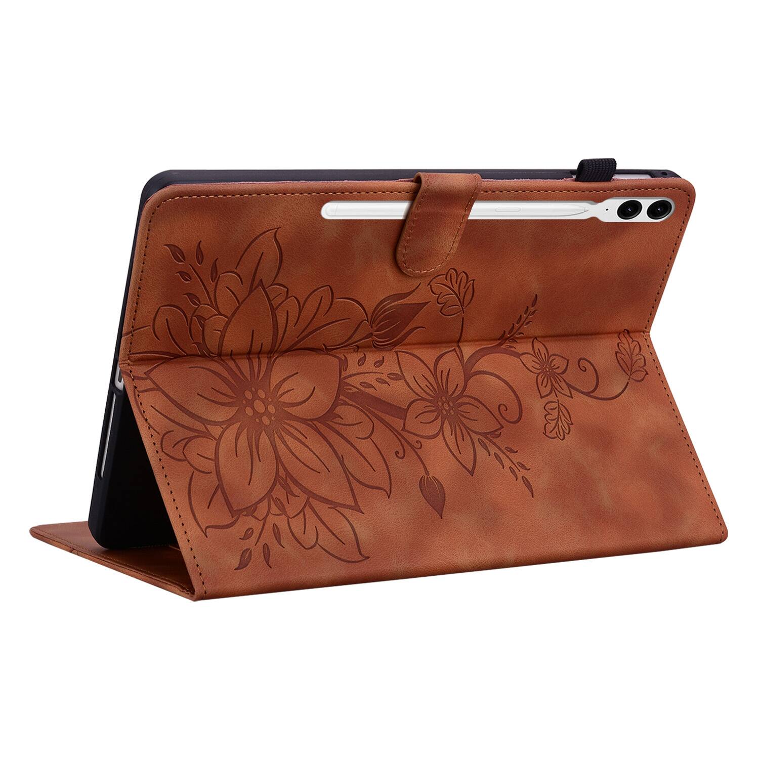 Back. Dteck - Case for Samsung Galaxy Tab S9+/S9 Plus 12.4" 2023 (SM-X810),Embossed Pattern PU Leather Flip Card Holder Stand Cover - Brown.