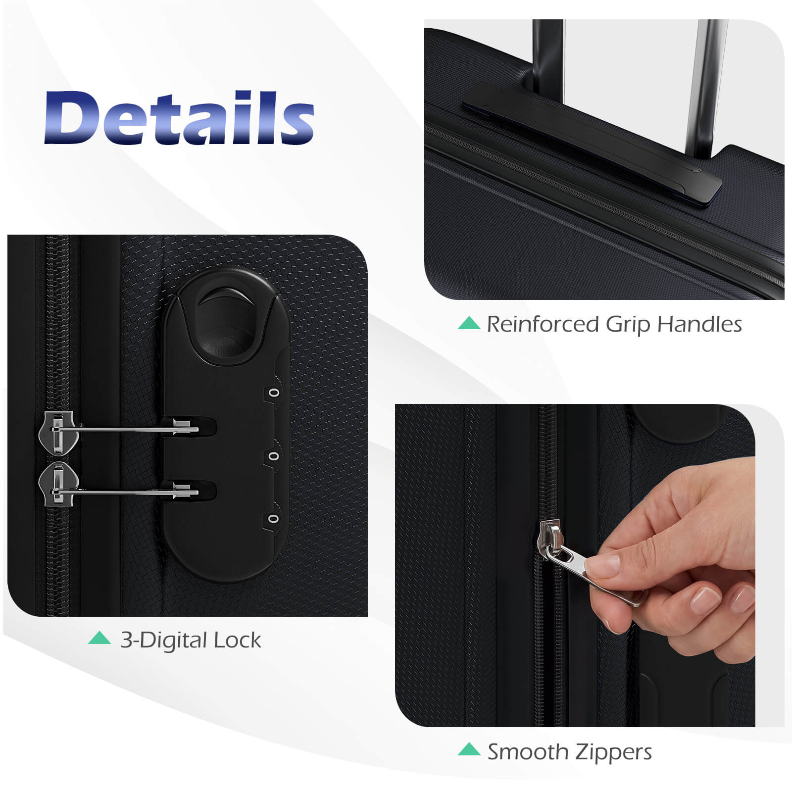 Details  
- Reinforced Grip Handles  
- 3-Digital Lock  
- Smooth Zippers