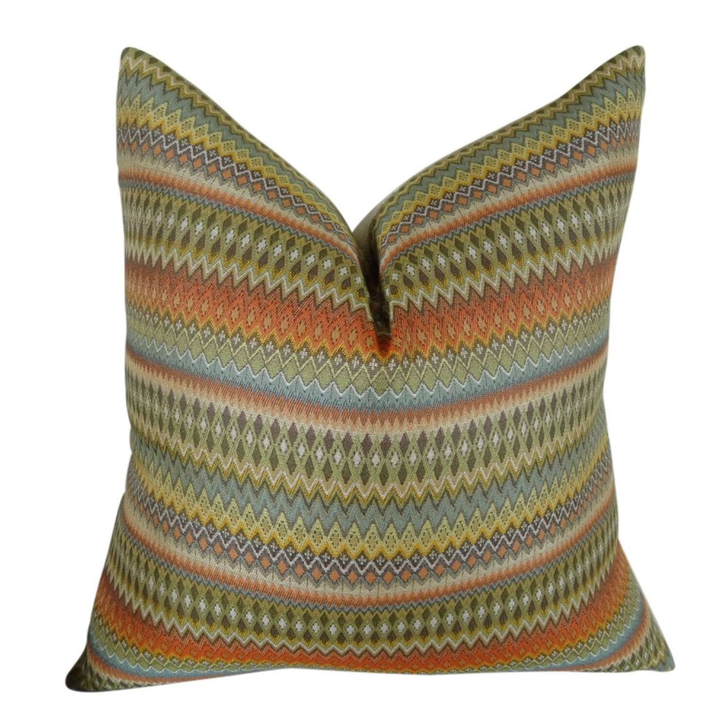 Front. Plutus Brands - Zig Along Handmade Throw Pillow (Double sided 24" x 24") - Orange, Green, Blue.