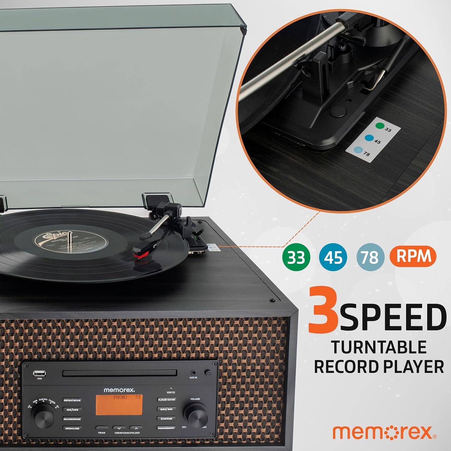 32 45 78 RPM 3 SPEED TURNTABLE RECORD PLAYER  
memorex PHONO