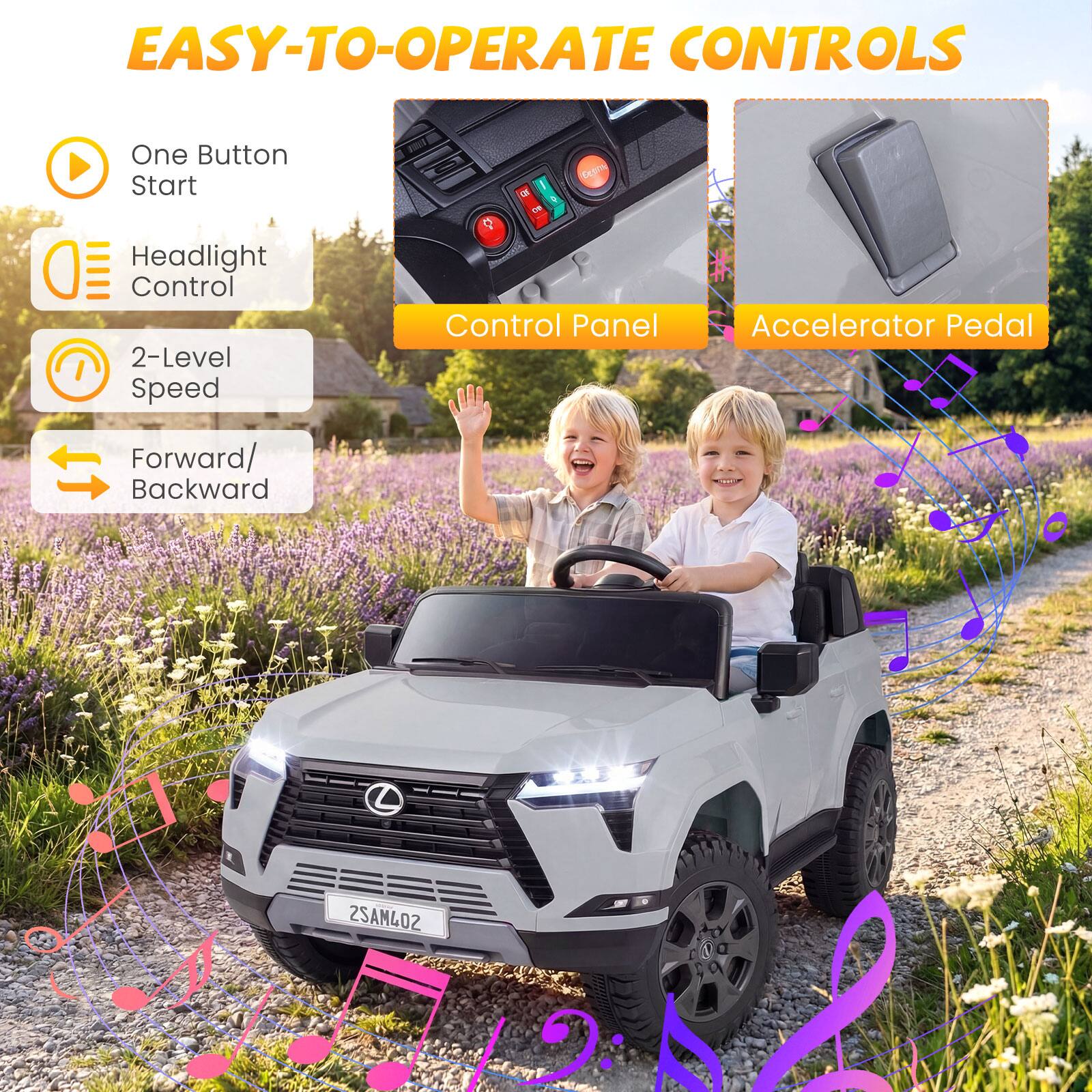 EASY-TO-OPERATE CONTROLS

- One Button Start
- Headlight Control
- 2-Level Speed Control Panel
- Forward/Backward

Control Panel
Accelerator Pedal

2SAM402