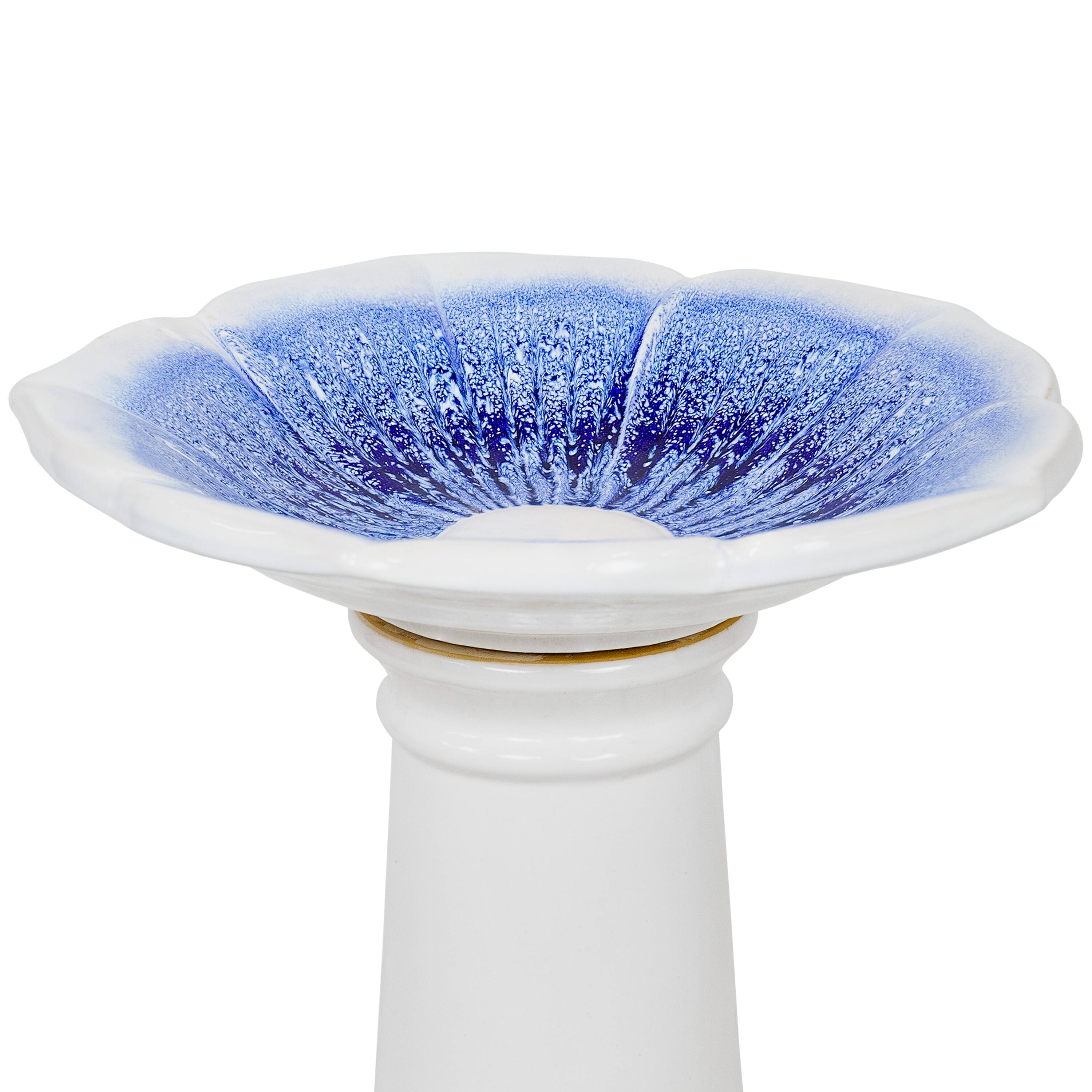 Alt View 8. Sunnydaze - Misty Blossom Ceramic Outdoor Bird Bath - White and Blue.