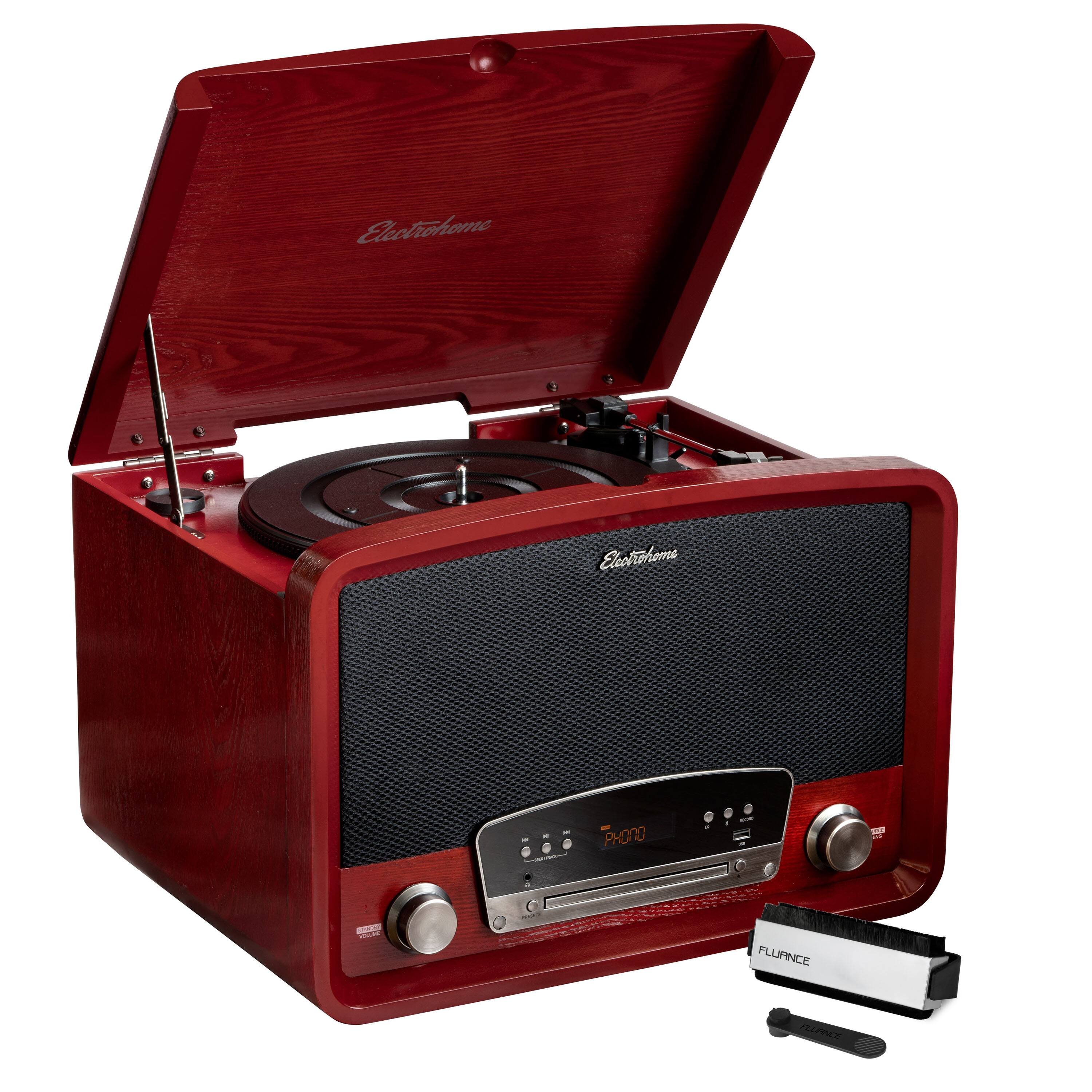 Electrohome - Kingston Vintage Vinyl Record Player, Turntable Bluetooth Radio CD Aux USB Vinyl to MP3, Record Cleaning Kit - Cherry