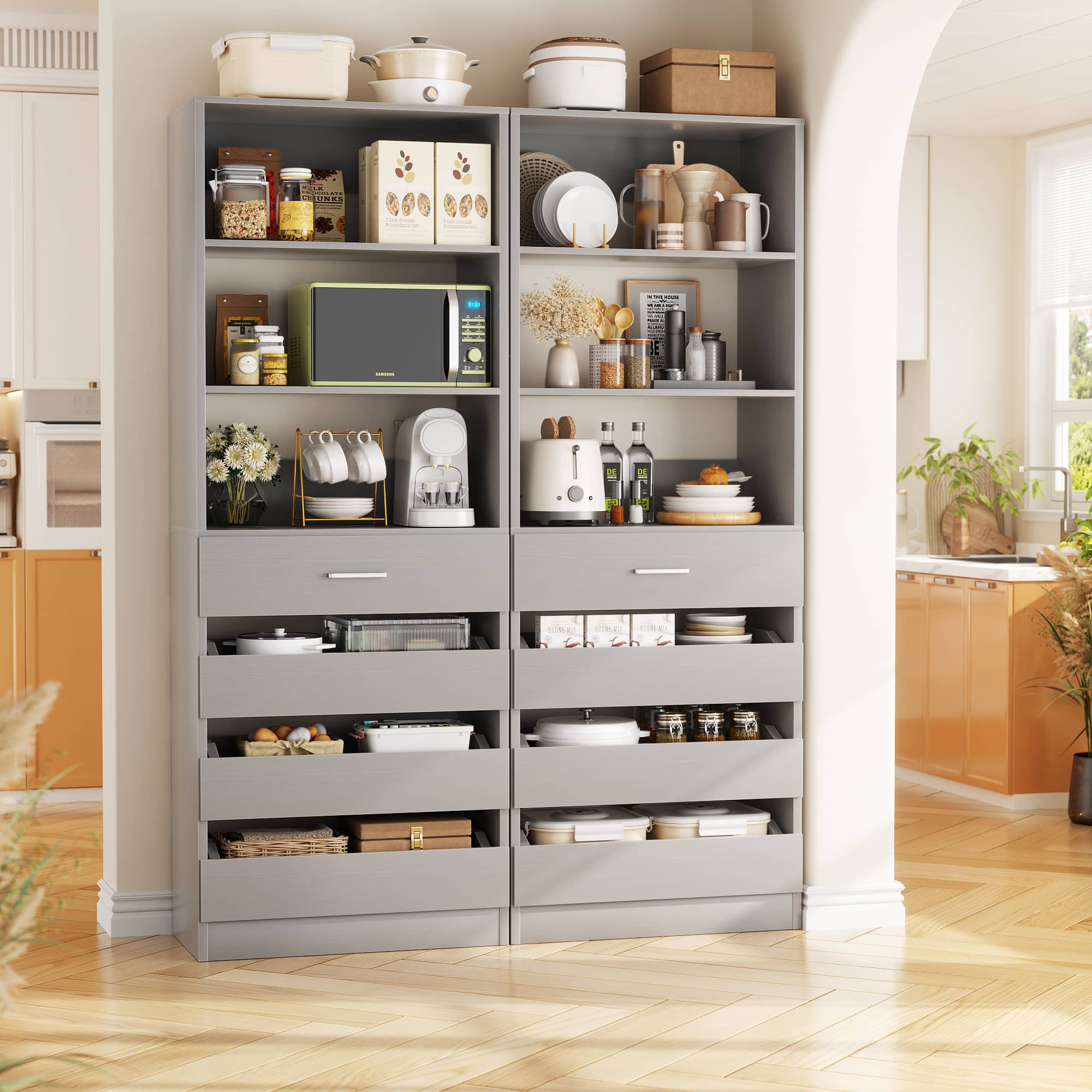 Aheaplus - 2 Pack-Premium Wood Pantry Cabinet: 4 Drawers, 3 Shelves, Wall-Fit Design for Organized Kitchen Storage - Gray