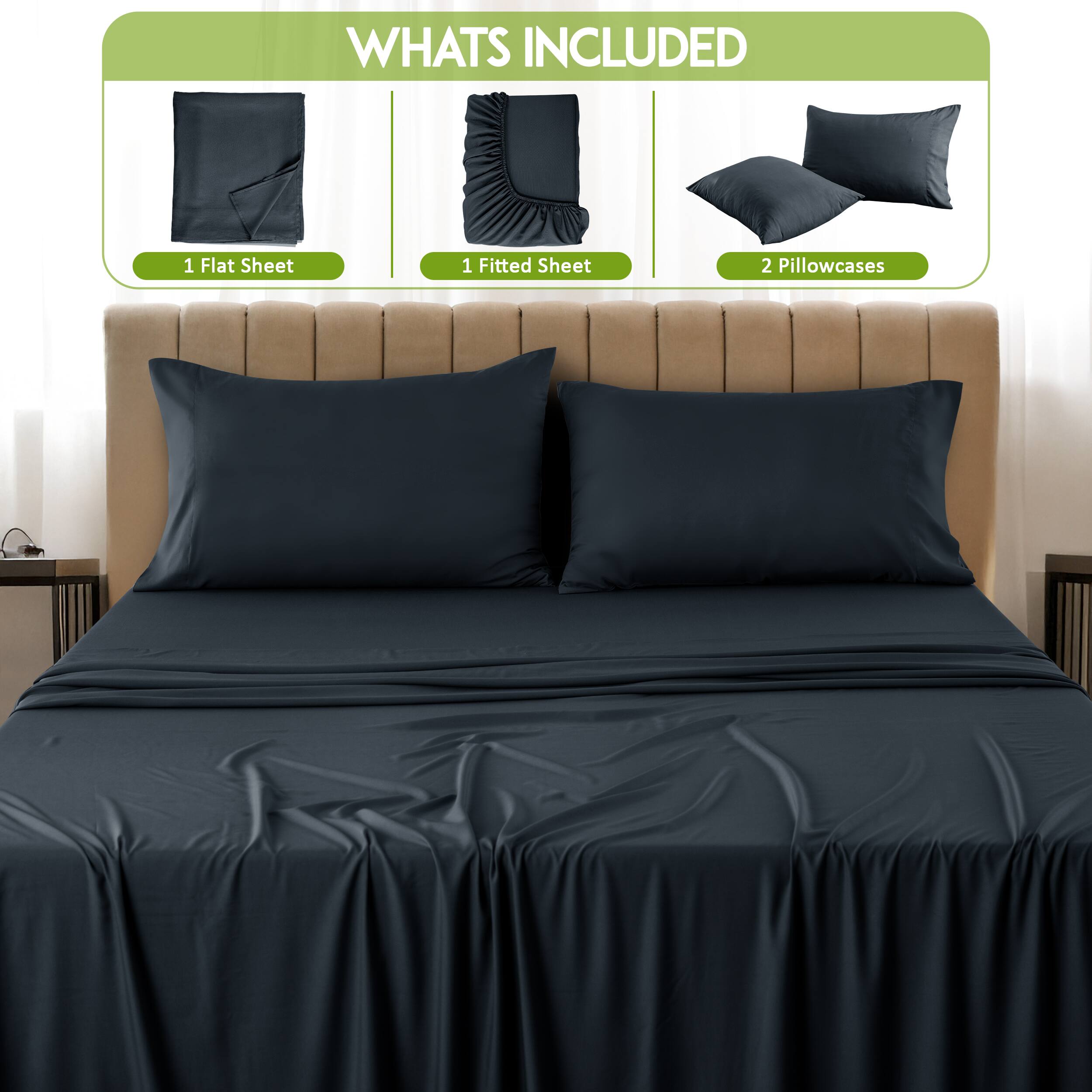 What's Included

1 Flat Sheet  
1 Fitted Sheet  
2 Pillowcases