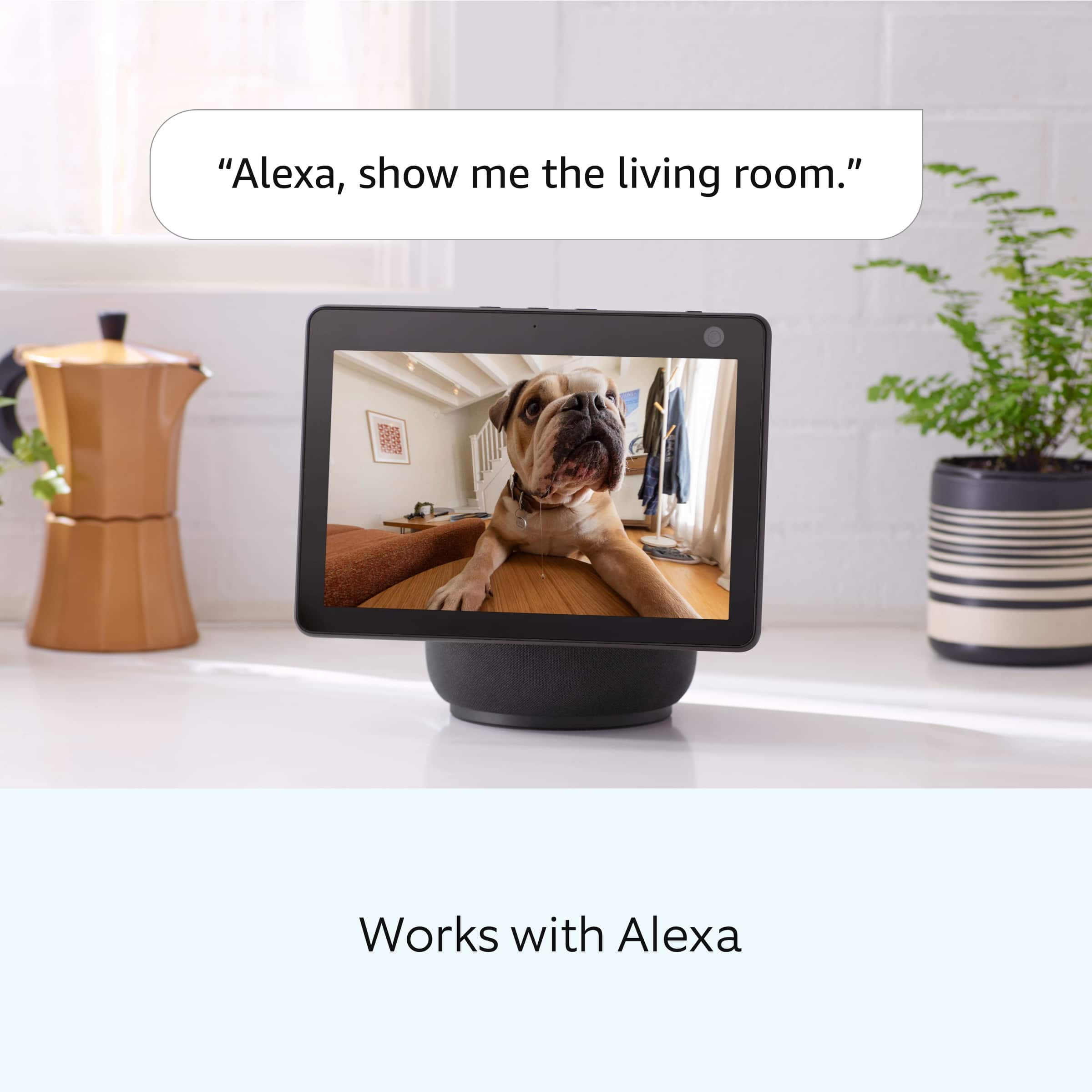 "Alexa, show me the living room." is a command that works with Alexa, as it demonstrates the use of voice control to interact with the smart device.