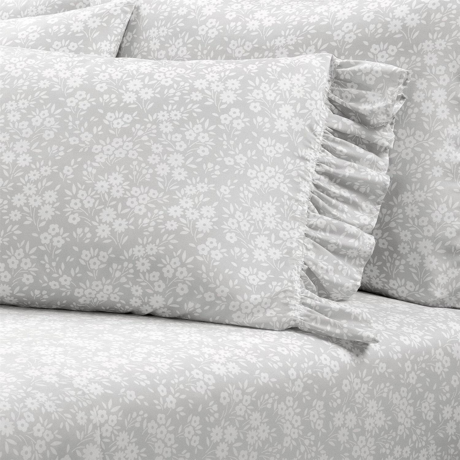 Left. SlickBlue - Floral Ruffle 6-Piece Polyester Sheet Set for Soft, Stylish Bedding - Grey.