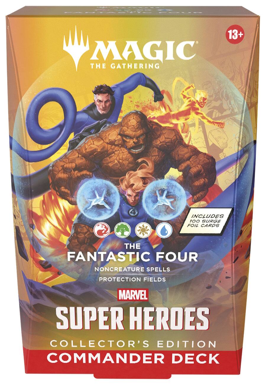 FANTASTIC FOUR 13+ MAGIC THE GATHERING INCLUDES 100 SURGE FOIL CARDS THE FANTASTIC FOUR NONCREATURE SPELLS PROTECTION FIELDS MARVEL SUPER HEROES COLLECTOR'S EDITION COMMANDER DECK