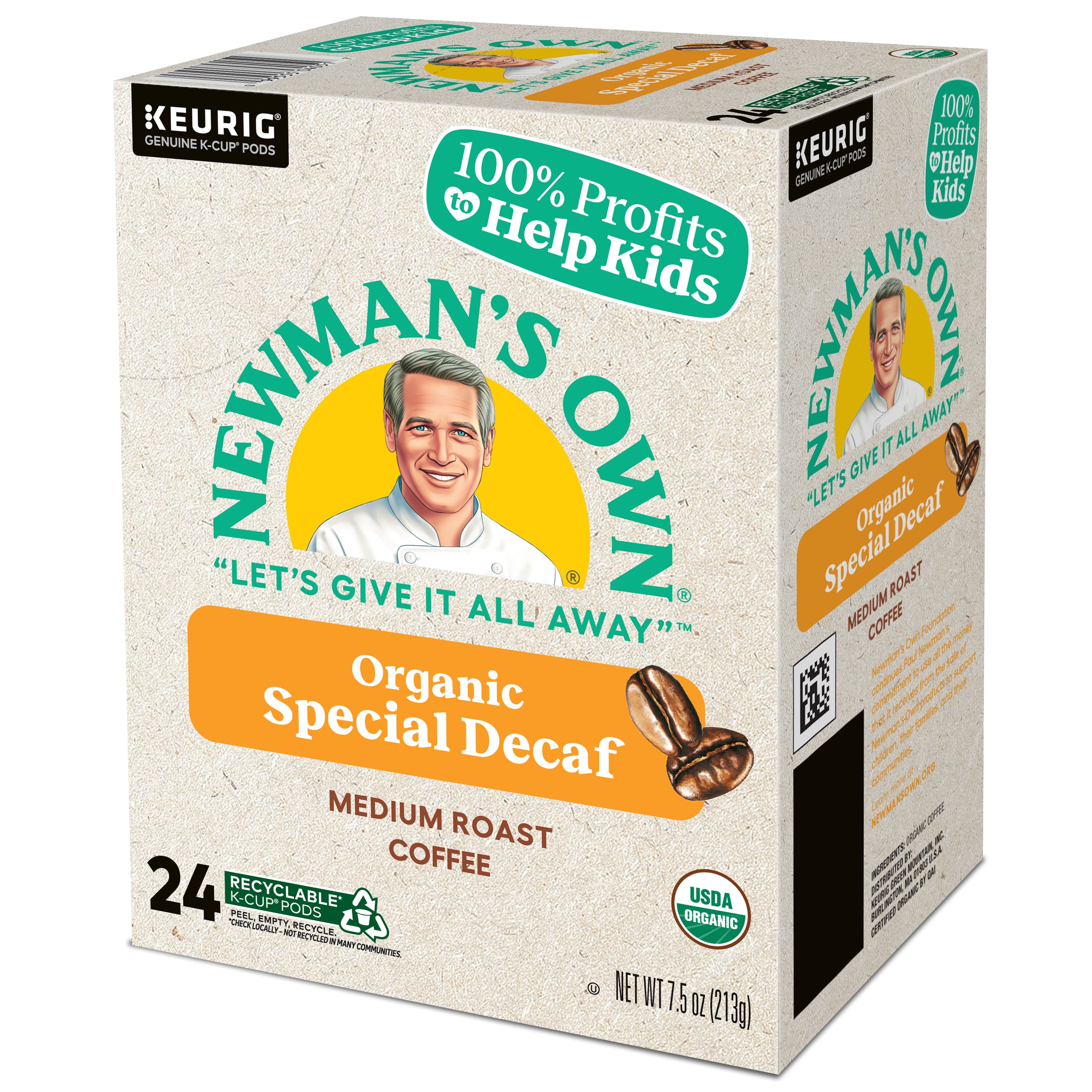 Newman's Own Organic Special Decaf Medium Roast Coffee is a product that is made with 100% genuine K-Cup pods. The coffee is organic and helps support kids in need. It is a medium roast coffee that is available in a 24-pack. The packaging is recyclable, and the coffee is made with USDA-certified organic ingredients. The product is 100% Keurig profits, which means that the profits from the sale of this coffee go to help kids in need.