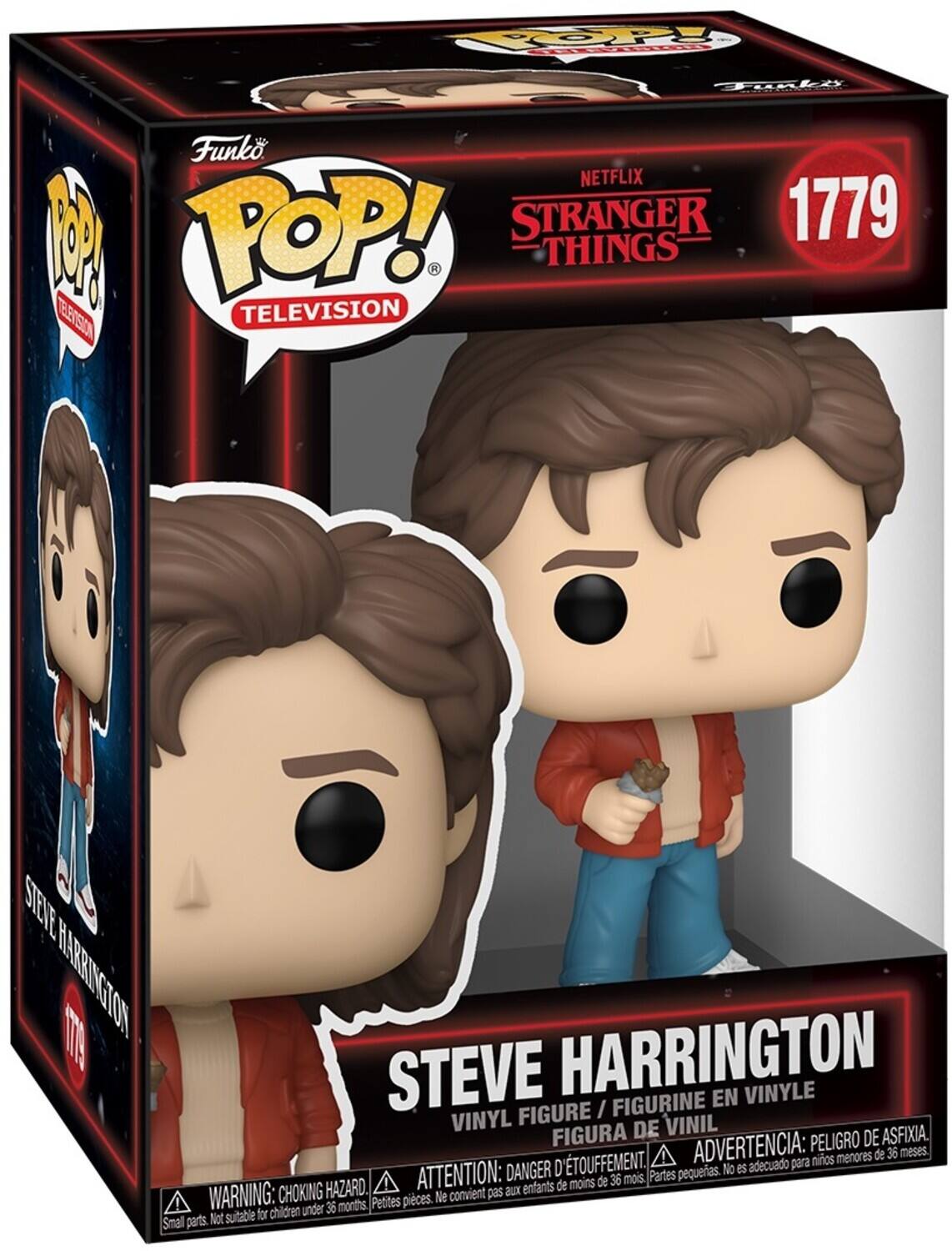Sure, here is the corrected and grouped text from the image:

---

**Funko POP! TELEVISION**

**NETFLIX STRANGER THINGS**

**1779**

**STEVE HARRINGTON**

**VINYL FIGURE / FIGURINE EN VINYLE / FIGURA DE VINIL**

**WARNING: CHOKING HAZARD. Small parts. Not suitable for children under 36 months.**

**ATTENTION: DANGER D'ÉTOUFFEMENT. Petites pièces. Ne convient pas aux enfants de moins de 36 mois.**

**ADVERTENCIA: PELIGRO DE ASFIXIA. Partes pequeñas. No es adecuado para niños menores de 36 meses.**

**DANGER: CHOKING HAZARD. Small parts. Not suitable for children under 36 months.**

**ATTENTION: DANGER D'ÉTOUFFEMENT. Petites pièces. Ne convient pas aux enfants de moins de 36 mois.**

**ADVERTENCIA: PELIGRO DE ASFIXIA. Partes pequeñas. No es adecuado para niños menores de 36 meses.**

---