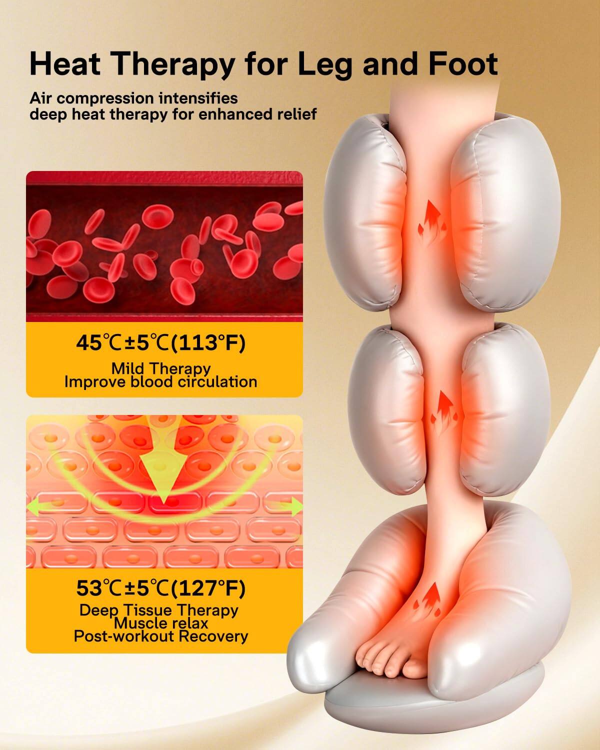 Heat Therapy for Leg and Foot

Air compression intensifies deep heat therapy for enhanced relief

45°C ± 5°C (113°F)
Mild Therapy
Improve blood circulation

53°C ± 5°C (127°F)
Deep Tissue Therapy
Muscle relax
Post-workout Recovery