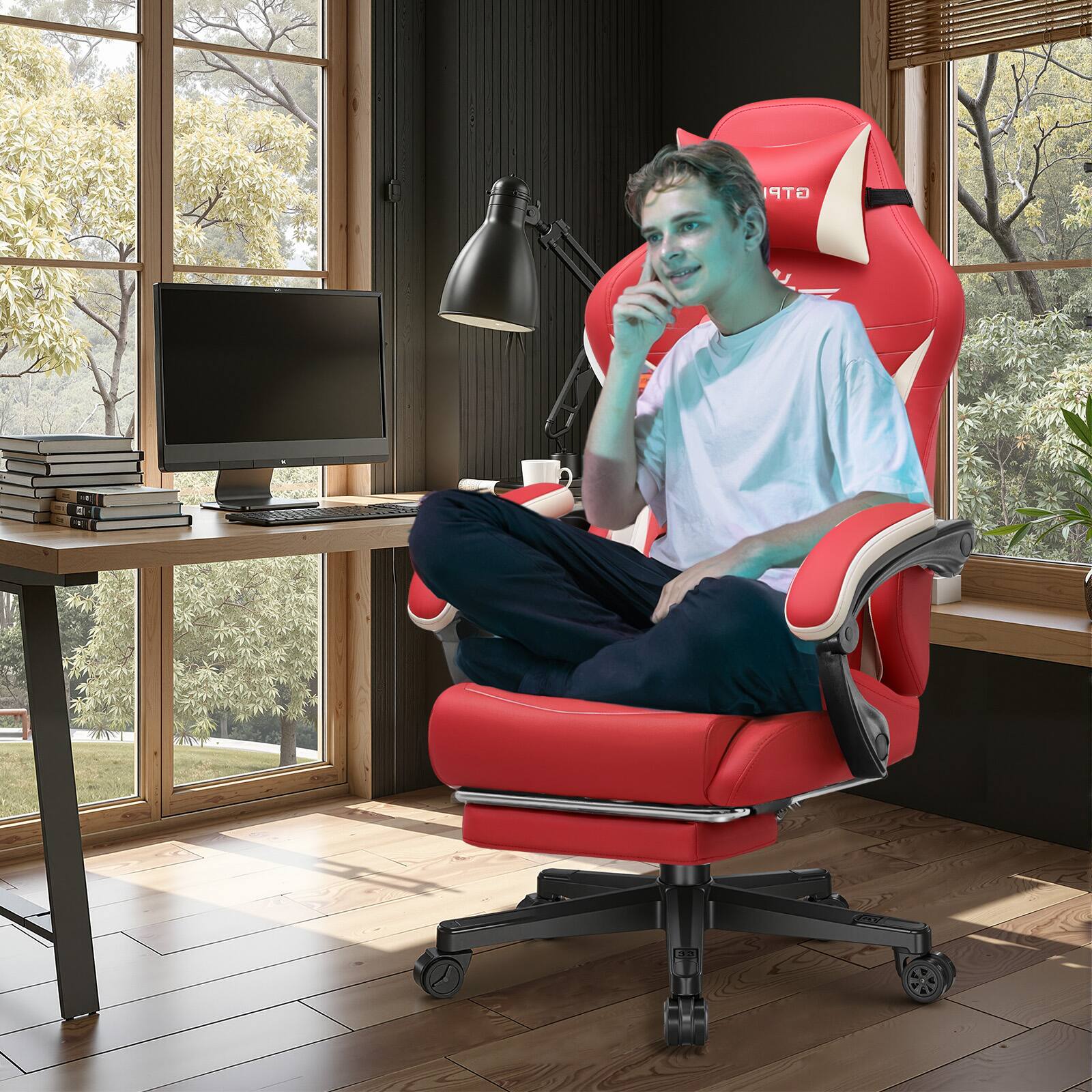 Alt View 4. GTPlayer - Gaming Chair with Extended Backrest PU-Leather Computer Chair,Red - Red.