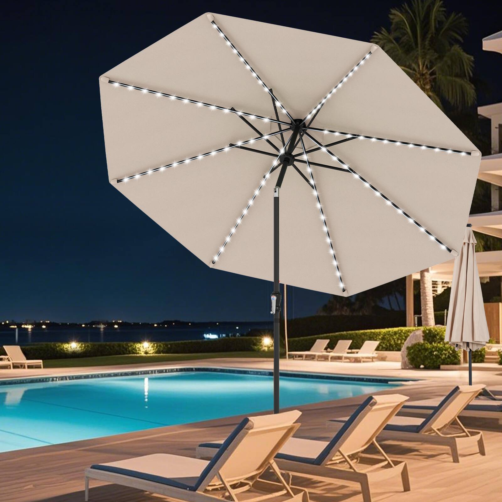 Alt View 4. Gymax - Gymax 10 FT Solar Patio Umbrella w/96 Multi-colored LED Lights & 9 Modes Vented Top Beige - Beige.