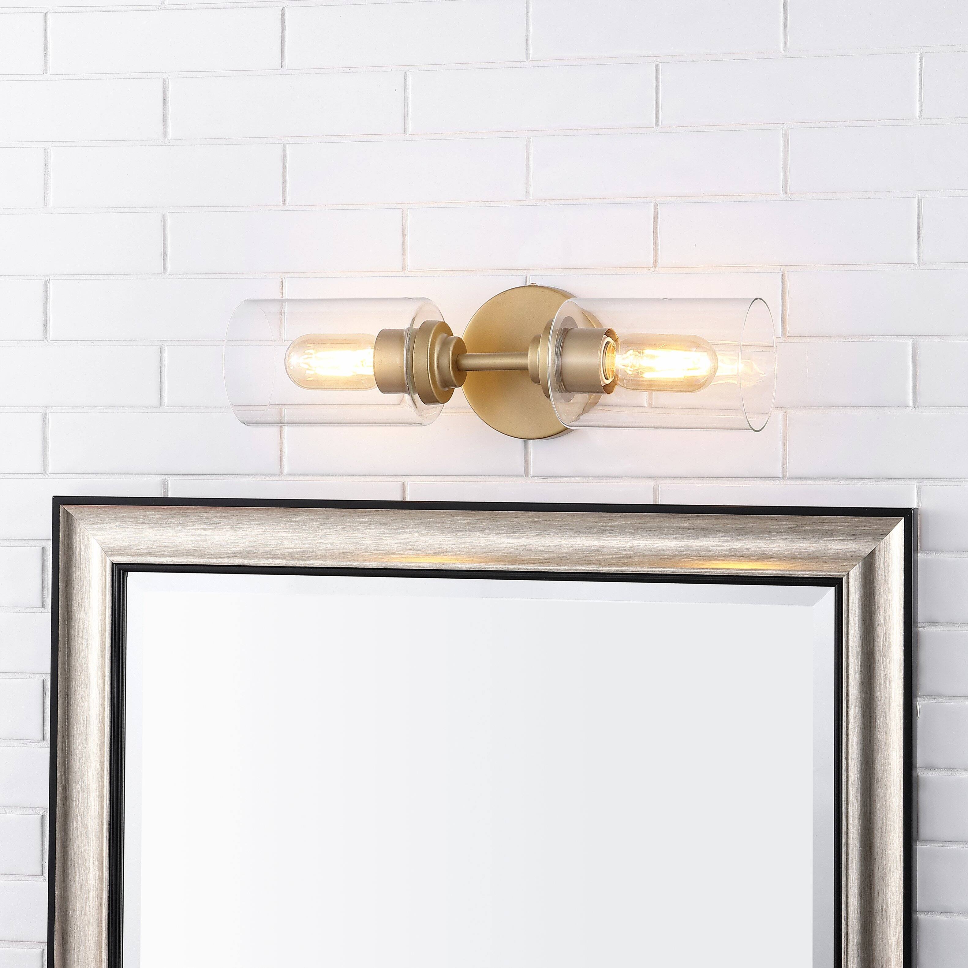 Alt View 1. Jonathan Y - Giles 16" 2-Light Farmhouse Industrial Iron Cylinder LED Sconce, Brass Gold/Clear - Brass Gold.