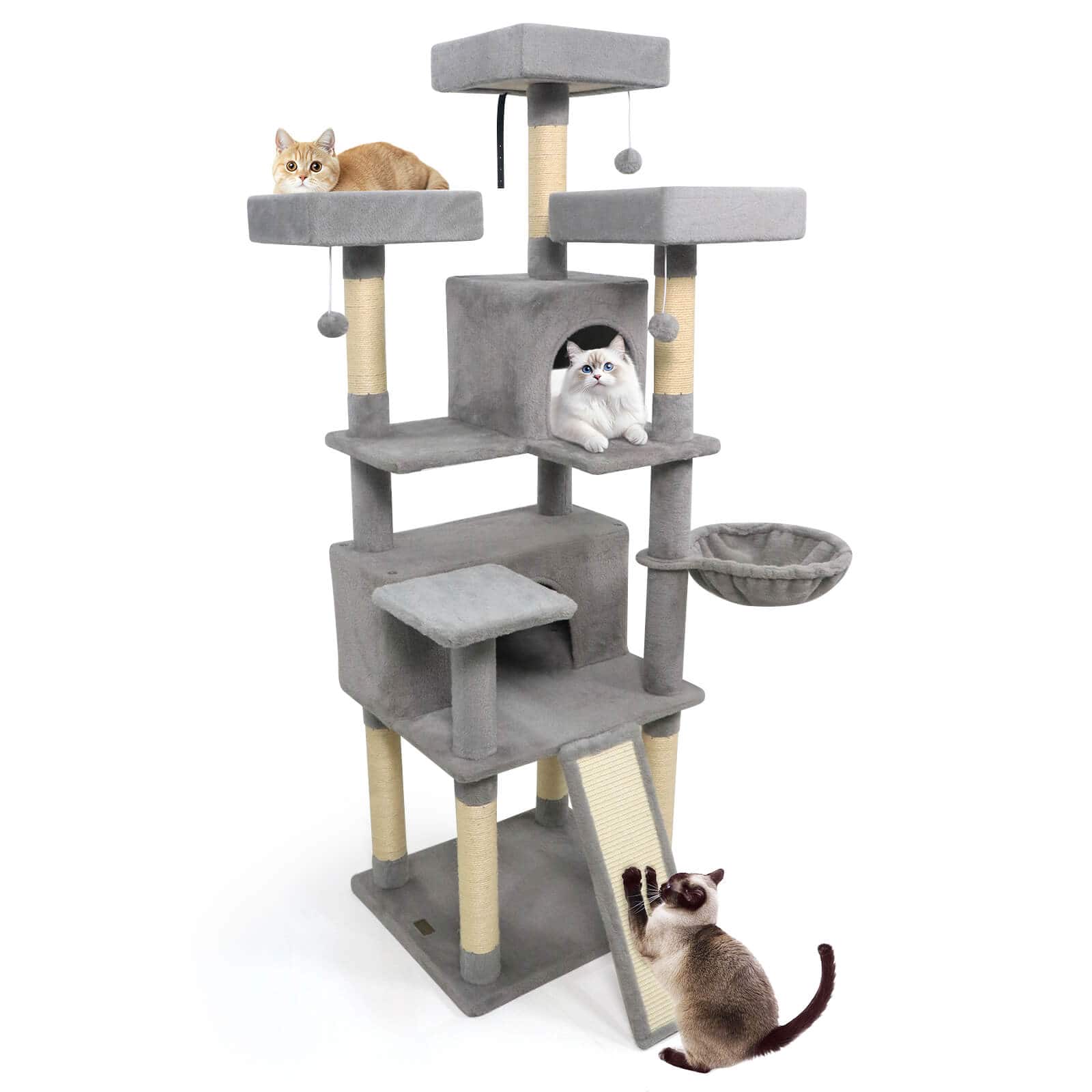 Costway - 65" Tall Multi-level Cat Tree with 3 Upholstered Top Perch 2 Cat Condos Cat Basket