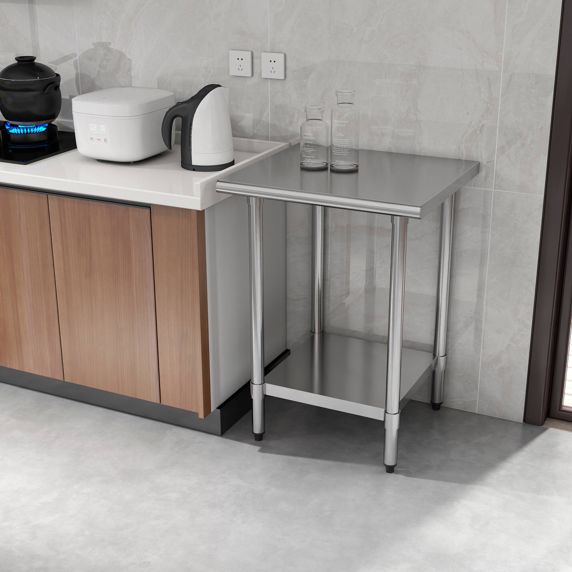 Left. KLEENSTEEL - 24" x 24" NSF Stainless Steel Worktable Adjustable Undershelf for Kitchen & BBQ.