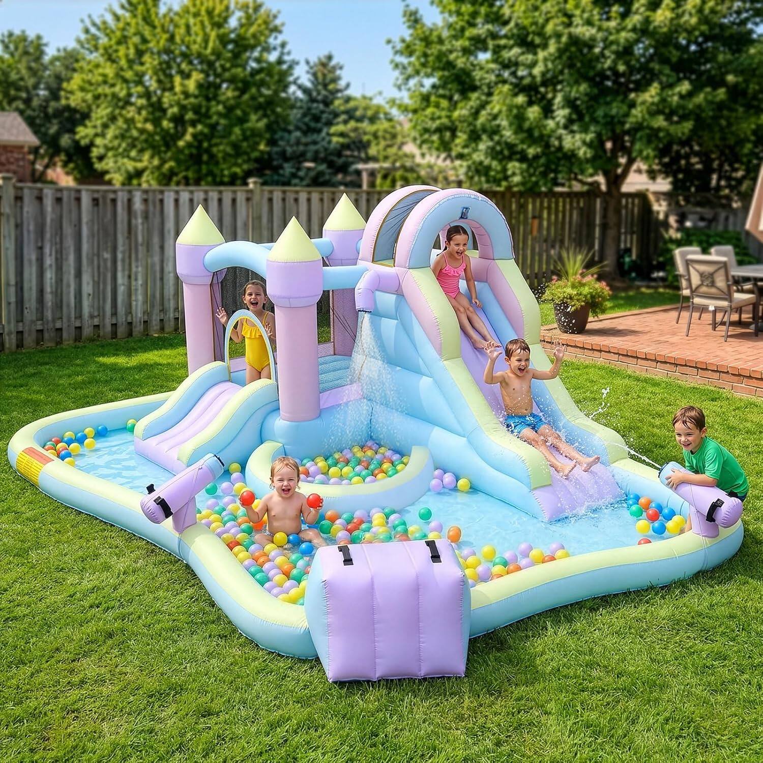 Back. Winado - Inflatable Bounce House for Kids, Outdoor Jumping Air Castle Bouncy with Double Water Slide & Air-Blower for Backyard.