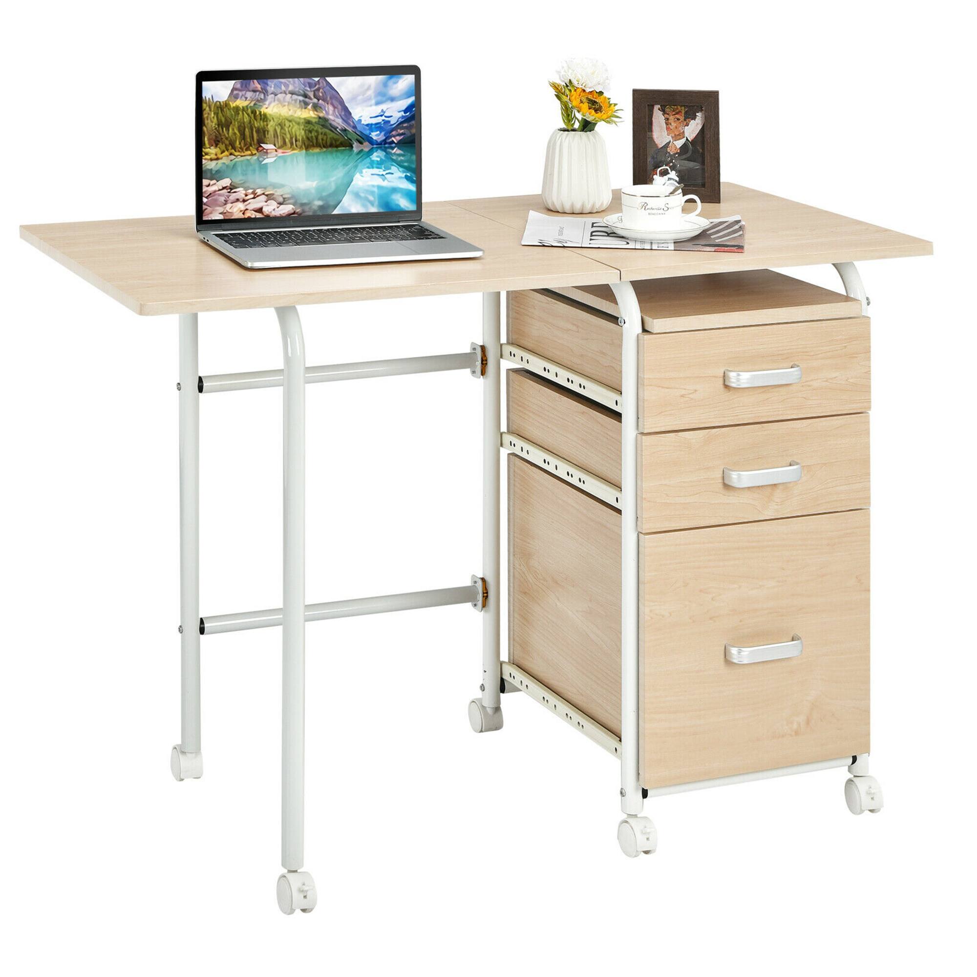 Gymax - Folding Computer Laptop Desk Wheeled Home Office Furniture With 3 Drawers - as pic
