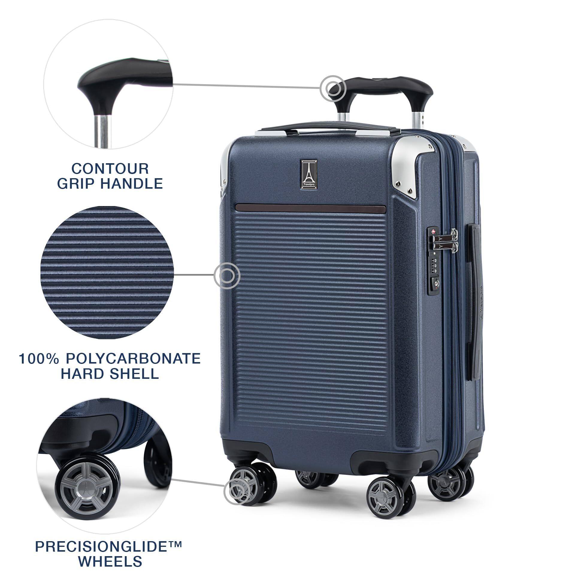 CONTOUR GRIP HANDLE  
100% POLYCARBONATE HARD SHELL  
PRECISIONGLIDE™ WHEELS