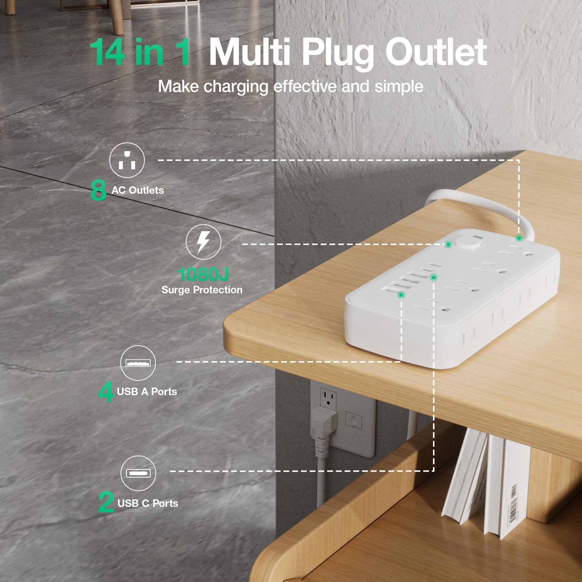 14 in 1 Multi Plug Outlet  
Make charging effective and simple  

- 8 AC Outlets  
- 1080J Surge Protection  
- 4 USB A Ports  
- 2 USB C Ports