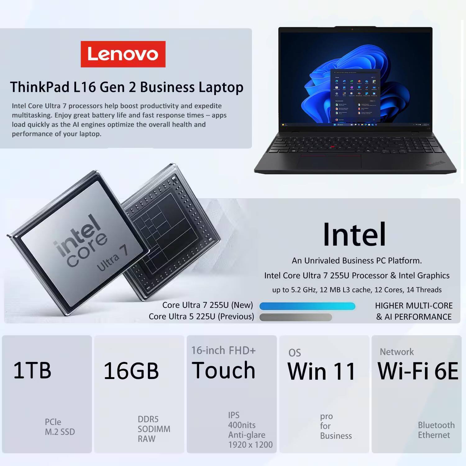 Lenovo ThinkPad L16 Gen 2 Business Laptop

Intel Core Ultra 7 processors help boost productivity and expedite multitasking. Enjoy great battery life and fast response times – apps load quickly as the AI engines optimize the overall health and performance of your laptop.

Intel Core Ultra 7 255U Processor & Intel Graphics up to 5.2 GHz, 12 MB L3 cache, 12 Cores, 14 Threads

Core Ultra 7 255U (New)  
Core Ultra 5 225U (Previous)

1TB  
16GB  
16-inch FHD+ Touch  
OS Win 11  
Network Wi-Fi 6E

PCle M.2 SSD  
DDR5 SODIMM RAW  
IPS 400nits Anti-glare 1920 x 1200  
pro for Business  
Bluetooth Ethernet