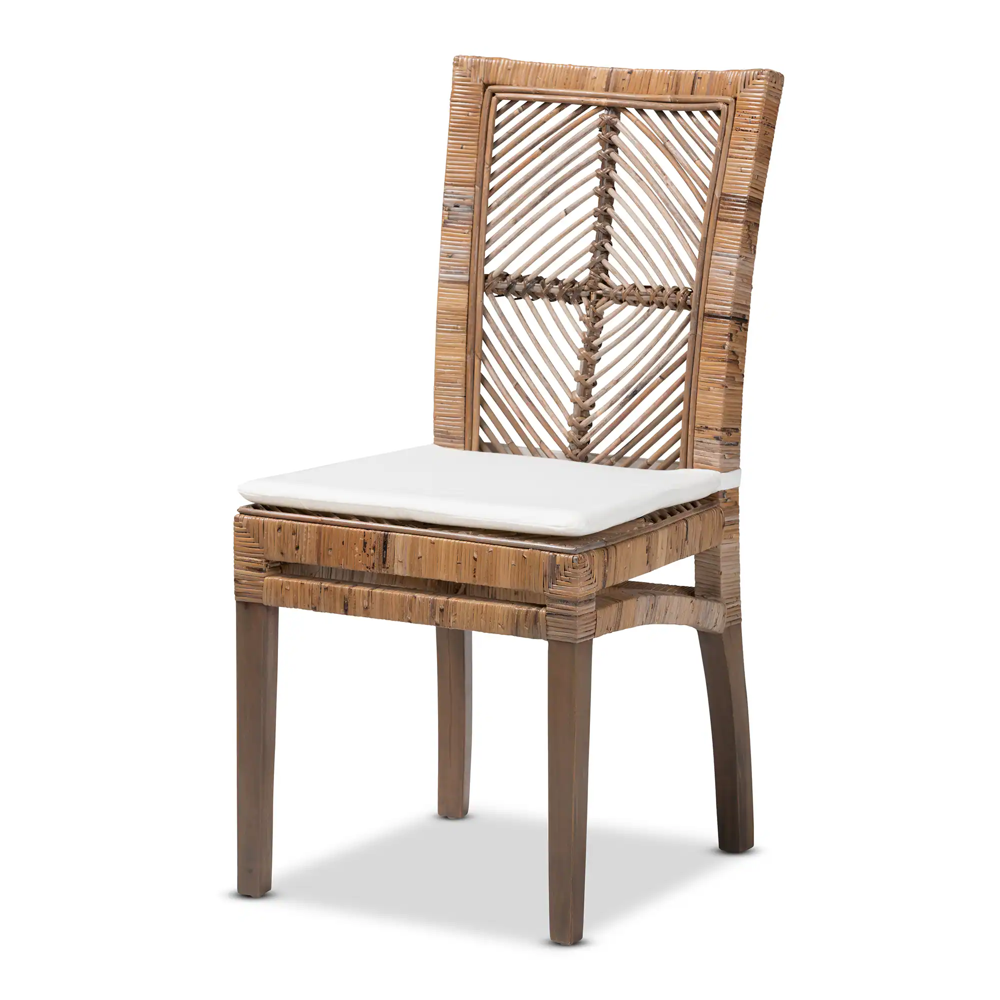 bali & pari - Laluna Modern Bohemian Natural Rattan and Mahogany Dining Chair with Cushion - Greywashed/White