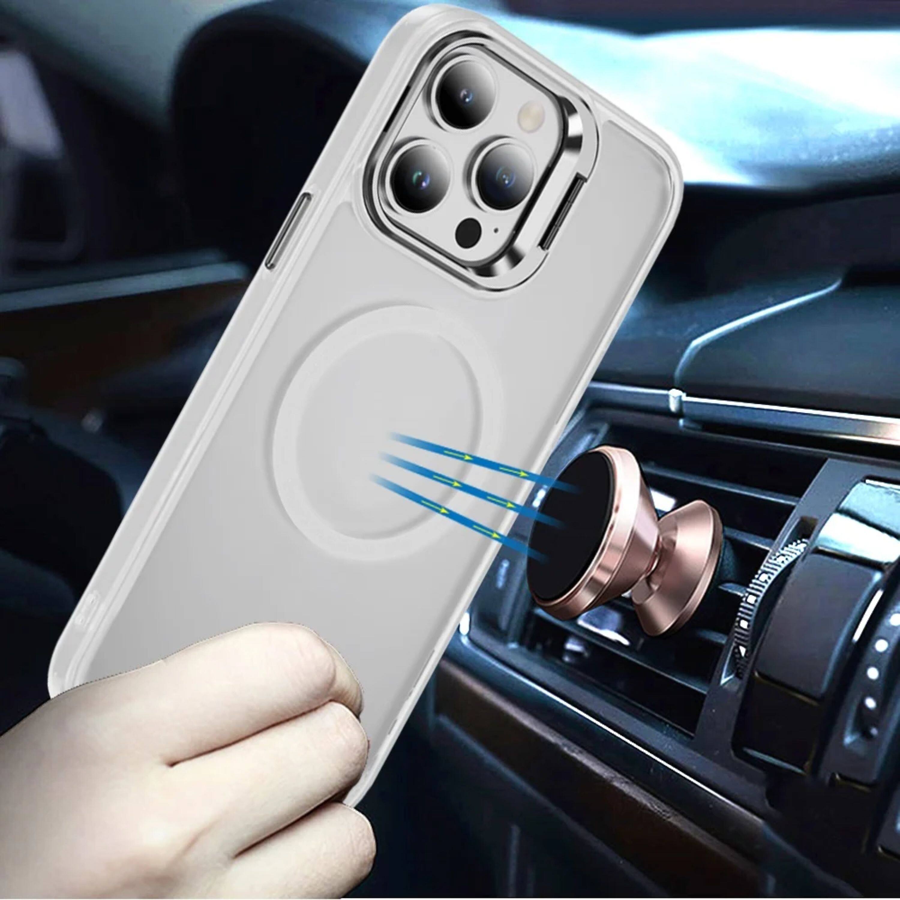 Angle. Kitcheniva - Magnetic Metal Lens Stand Case For iPhone 14 Pro Max Clear - Clear.
