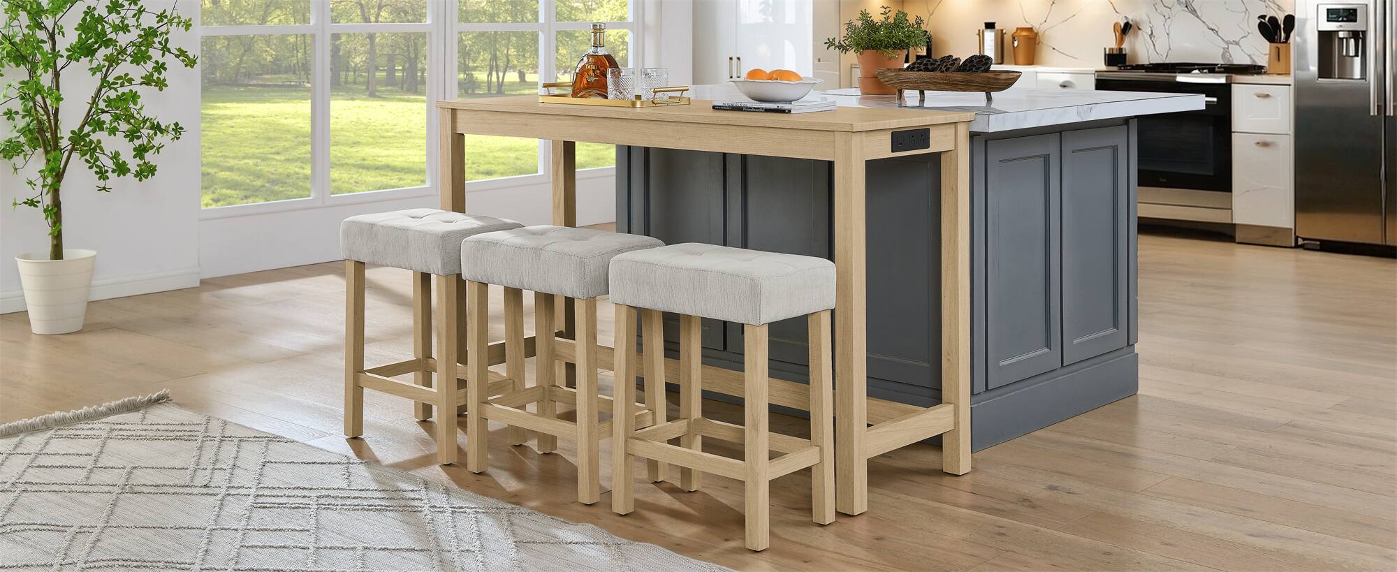 Alt View 7. APRILSOUL - 59 Inch Bar Table Dining Table Sofa Table Power Outlet 3 Upholstered Stools 4 Piece Set - White.