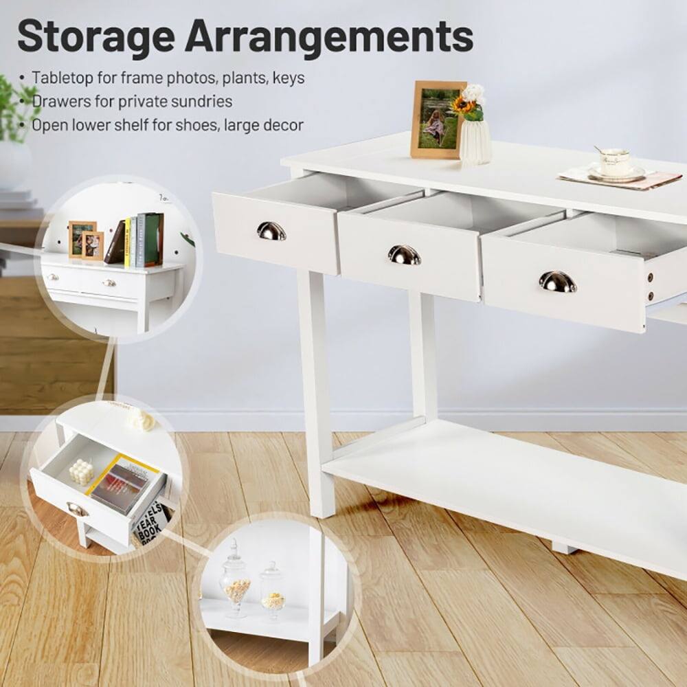 Storage Arrangements

- Tabletop for frame photos, plants, keys
- Drawers for private sundries
- Open lower shelf for shoes, large decor