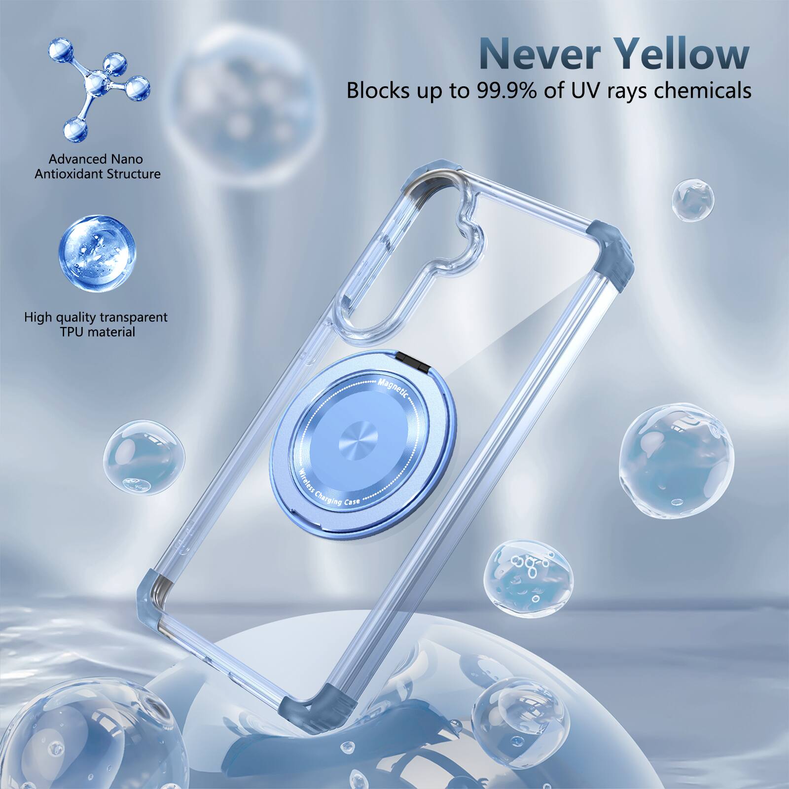Never Yellow  
Blocks up to 99.9% of UV rays chemicals  
Advanced Nano Antioxidant Structure  
High quality transparent TPU material  
Magnetic Wirelets Charging Case