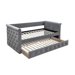 Manhattan Lane - Edra Classic Wood Upholstered Day Bed with Trundle, Tufted Burlap - Gray