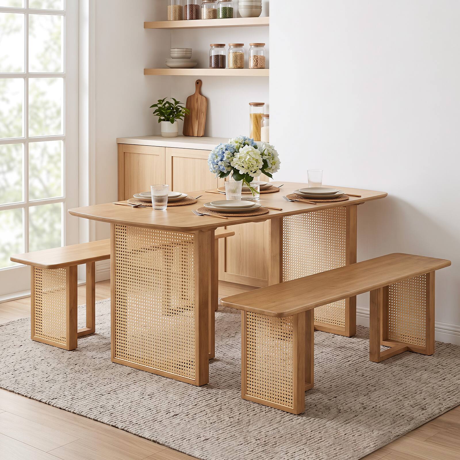 Alt View 4. Costway - Costway 55" Solid Rubber Wood Dining Table with T-shaped Legs Woven Rattan Details for Home - Natural.