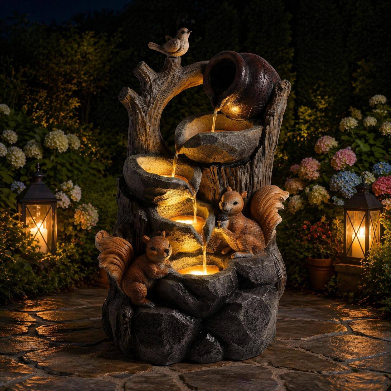 Angle. RYHNUYNE - Squirrel Outdoor Water Fountain with LED Lights – Resin Tree Stump & Pouring Jug Waterfall Feature for Patio, Yard.