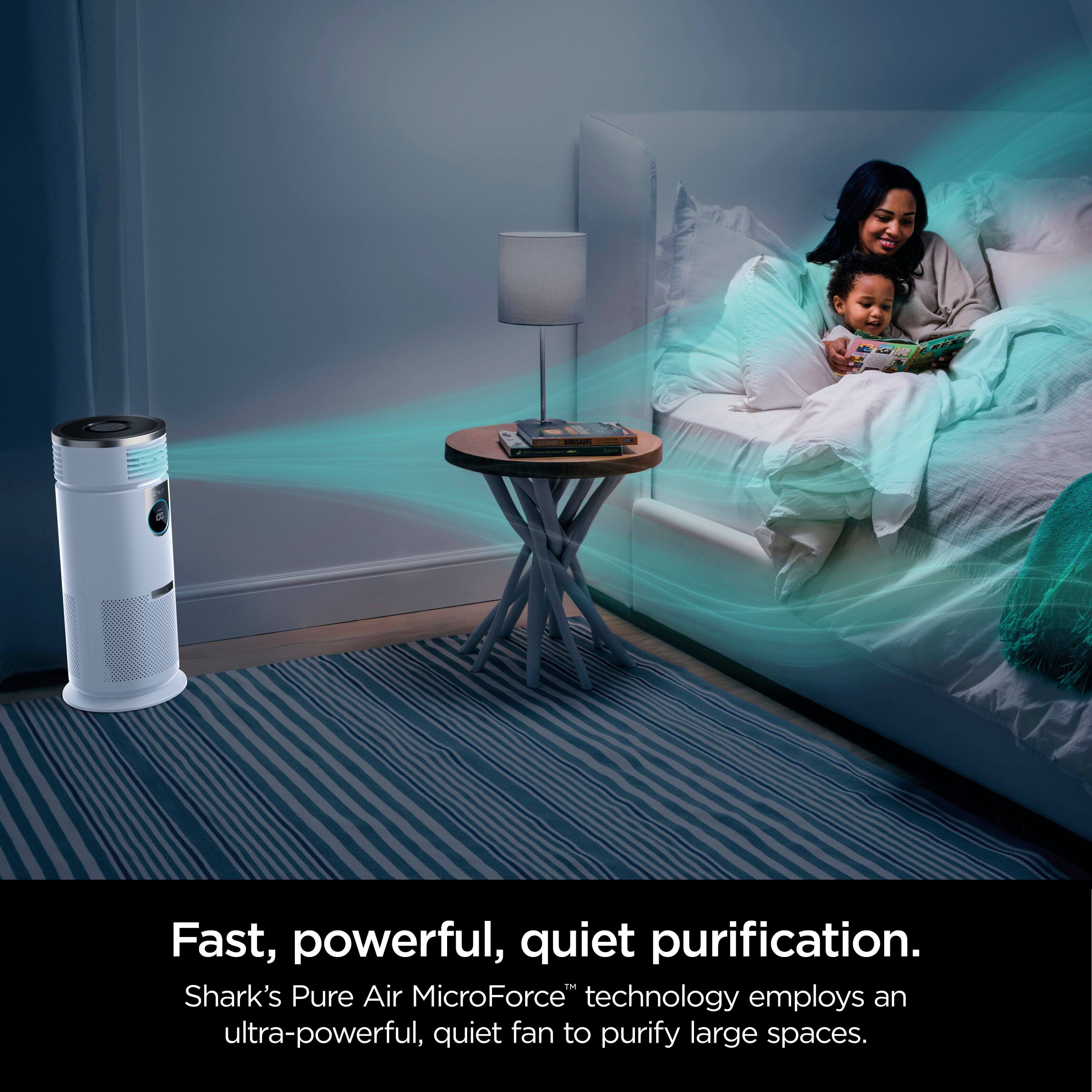 Fast, powerful, quiet purification. Shark's Pure Air MicroForce technology employs an ultra-powerful, quiet fan to purify large spaces.