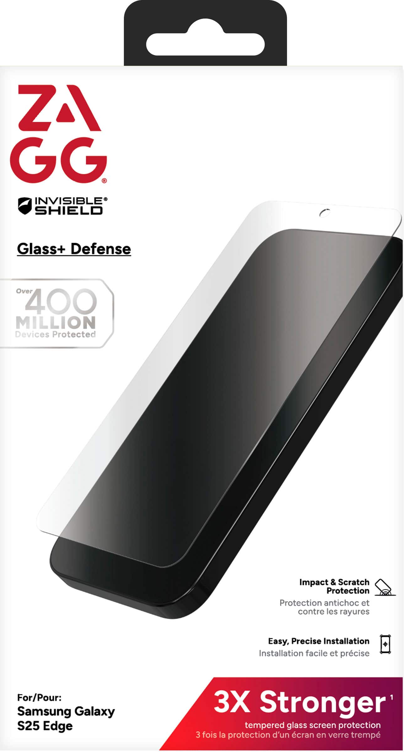 ZAGG InvisibleShield Glass+ Defense is a product that offers protection for Samsung Galaxy S25 Edge devices. It is a tempered glass screen protector that is 3X stronger than regular glass, providing impact and scratch protection. The product has been used to protect over 400 million devices and is easy to install with precise application.