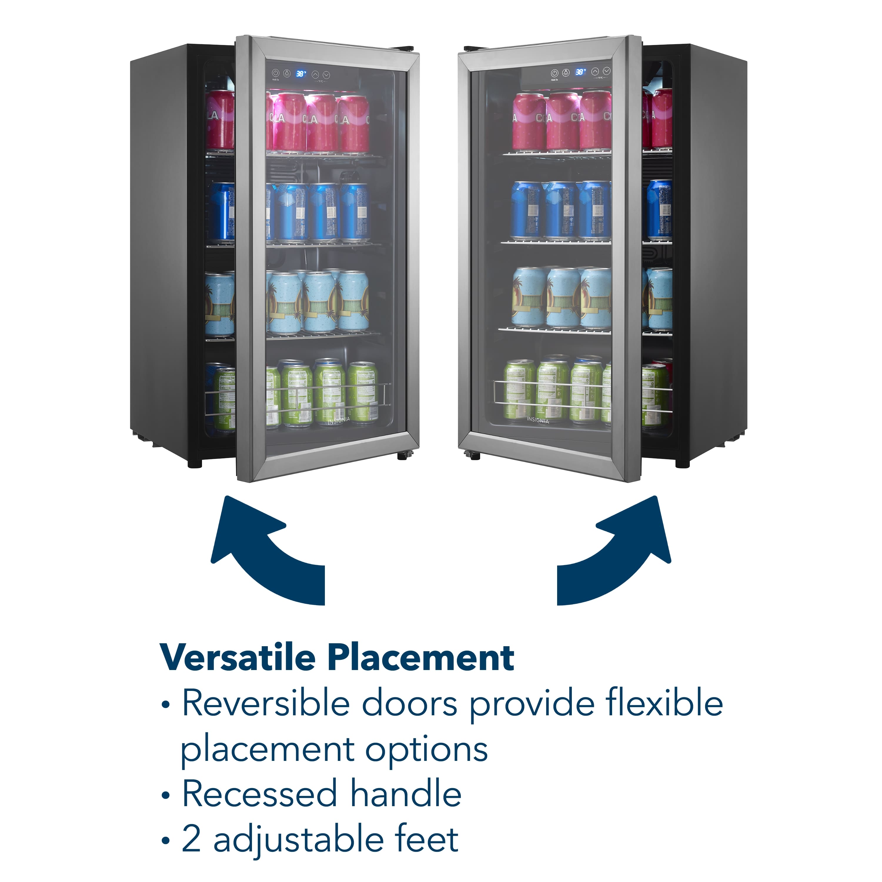 Versatile Placement: Reversible doors provide flexible placement options. Recessed handle. 2 adjustable feet.