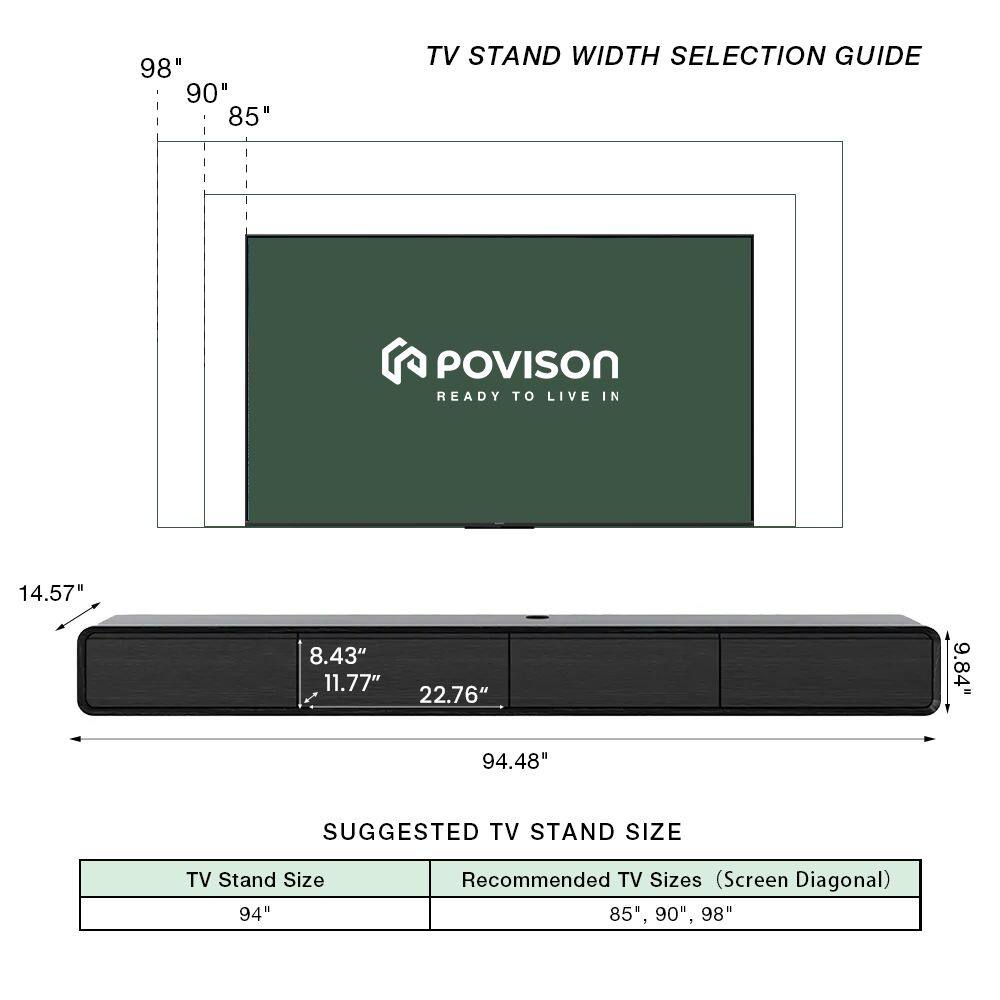 TV Stand Width Selection Guide

POVISION  
READY TO LIVE IN

98"  
90"  
85"

14.57"  
8.43"  
11.77"  
22.76"  
9.84"  
94.48"

Suggested TV Stand Size

TV Stand Size: 94"  
Recommended TV Sizes (Screen Diagonal): 85", 90", 98"