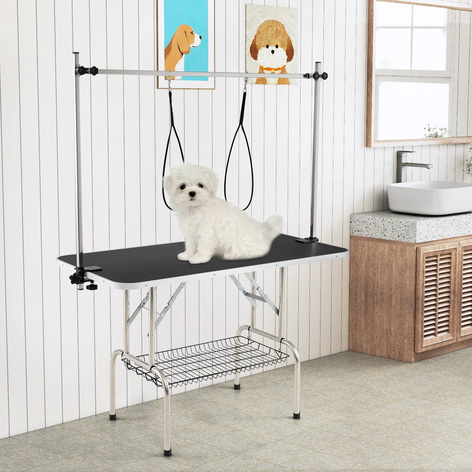 Alt View 1. Gymax - Gymax Adjustable Pet Grooming Table w/ Sturdy H-shaped Metal Frame Heavy-duty - Black.
