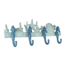 Zeckos - Cast Iron Coastal Blue and White Seahorse Sea Life Decorative Wall Hook Rack - Multicolored