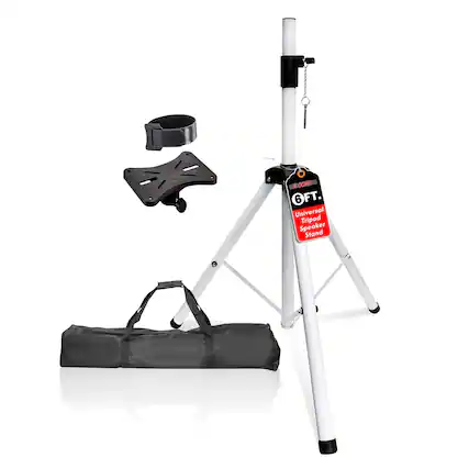 The text on the image reads: "Universal Tripod Speaker Stand."