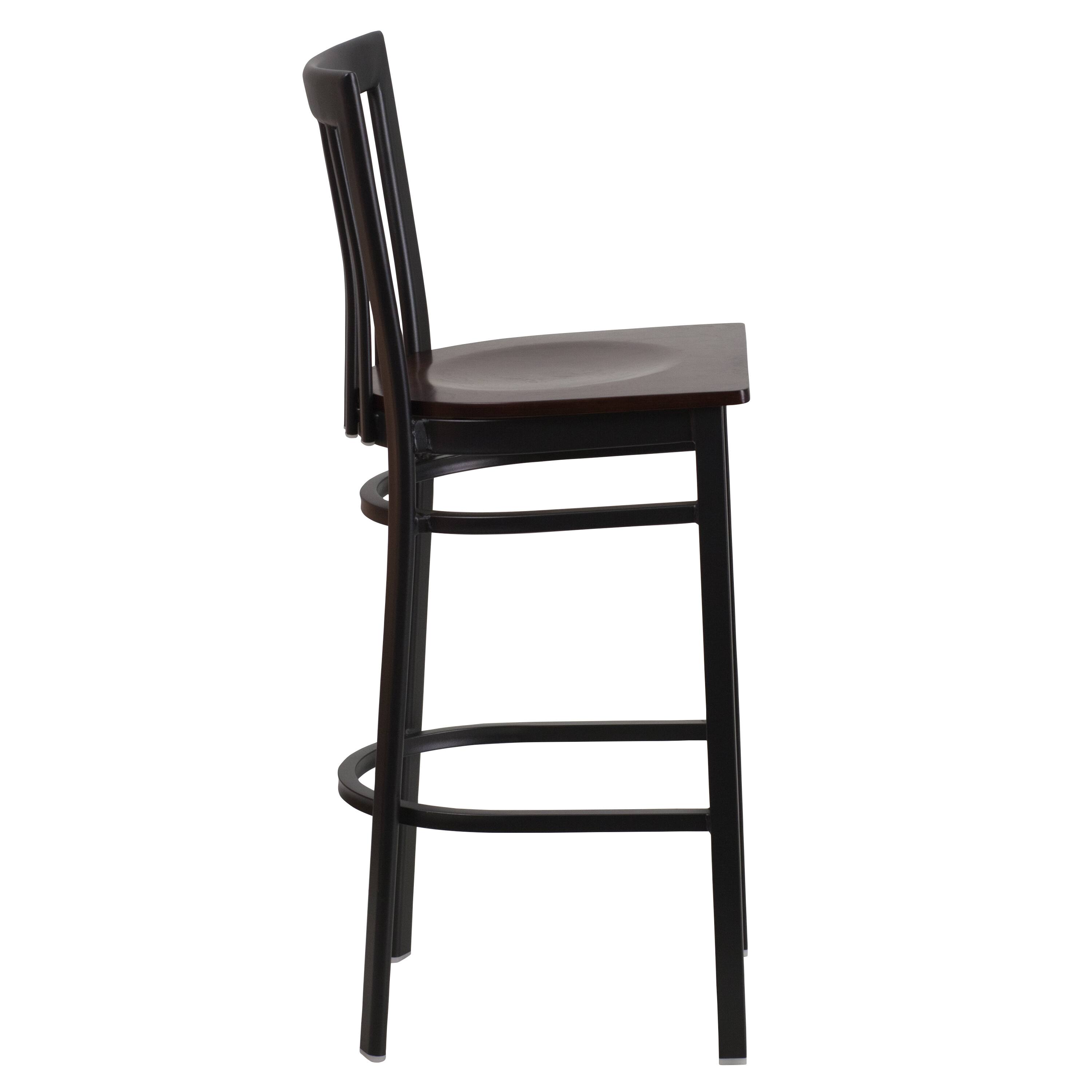 Alt View 4. Emma + Oliver - School House Back Metal Restaurant Dining Barstool - Walnut Wood Seat/Black Metal Frame.